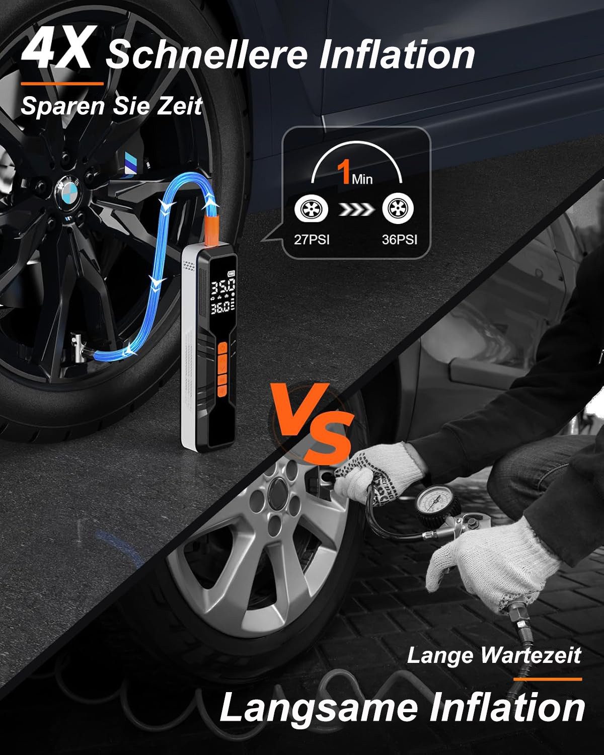 Futicare Akku-Luftpumpe Elektrische Luftpumpe Akku Pump Electric 150PSI 6000mAh (4 Modi Tragbarer Akku Kompressor mit Digitale LCD-Bildschirm), Pressure Dient auch als Taschenlampe und Powerbank