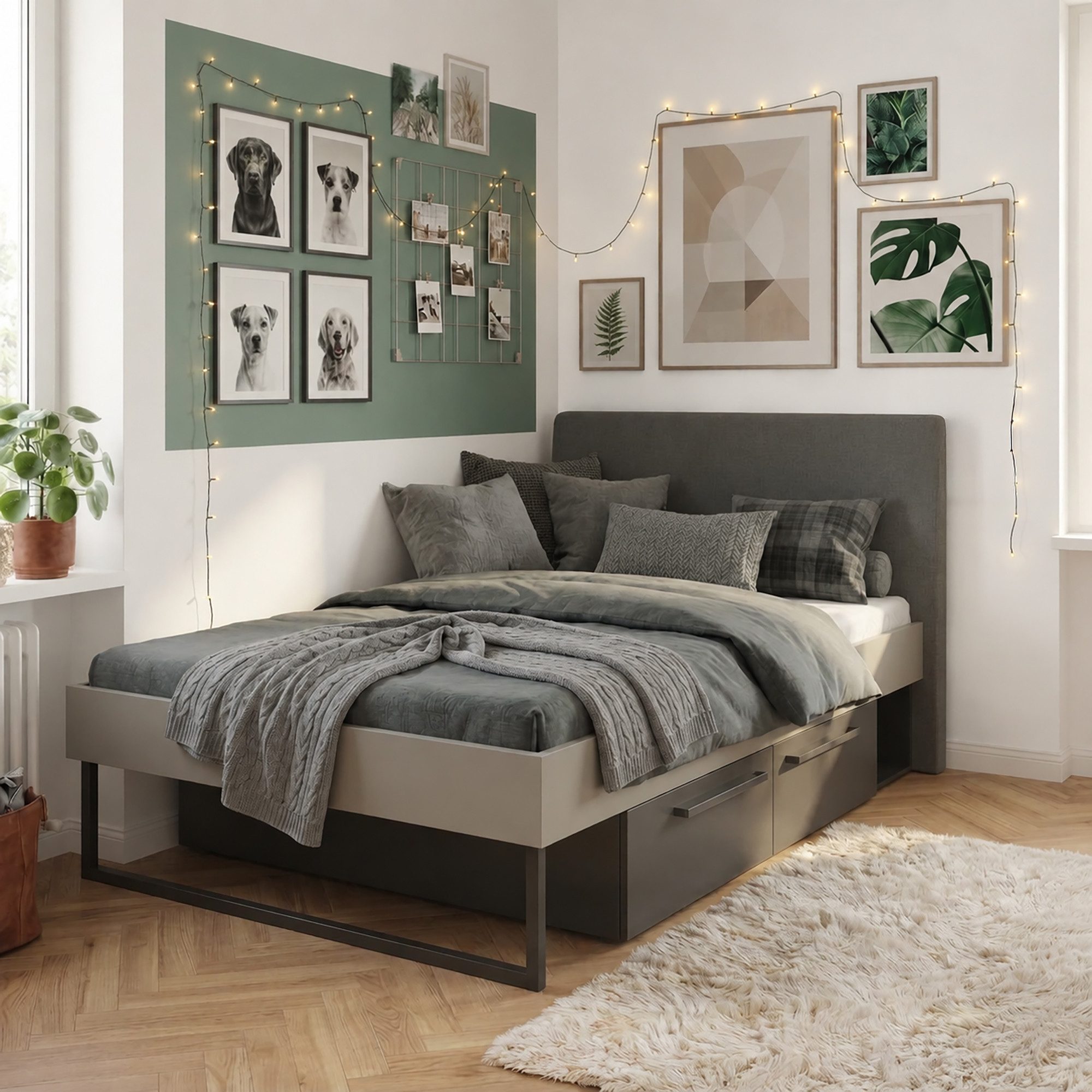 Lomadox Bett SCHAKI-133, in Grün, 90x200 cm Liegerfläche, Polsterkopfteil