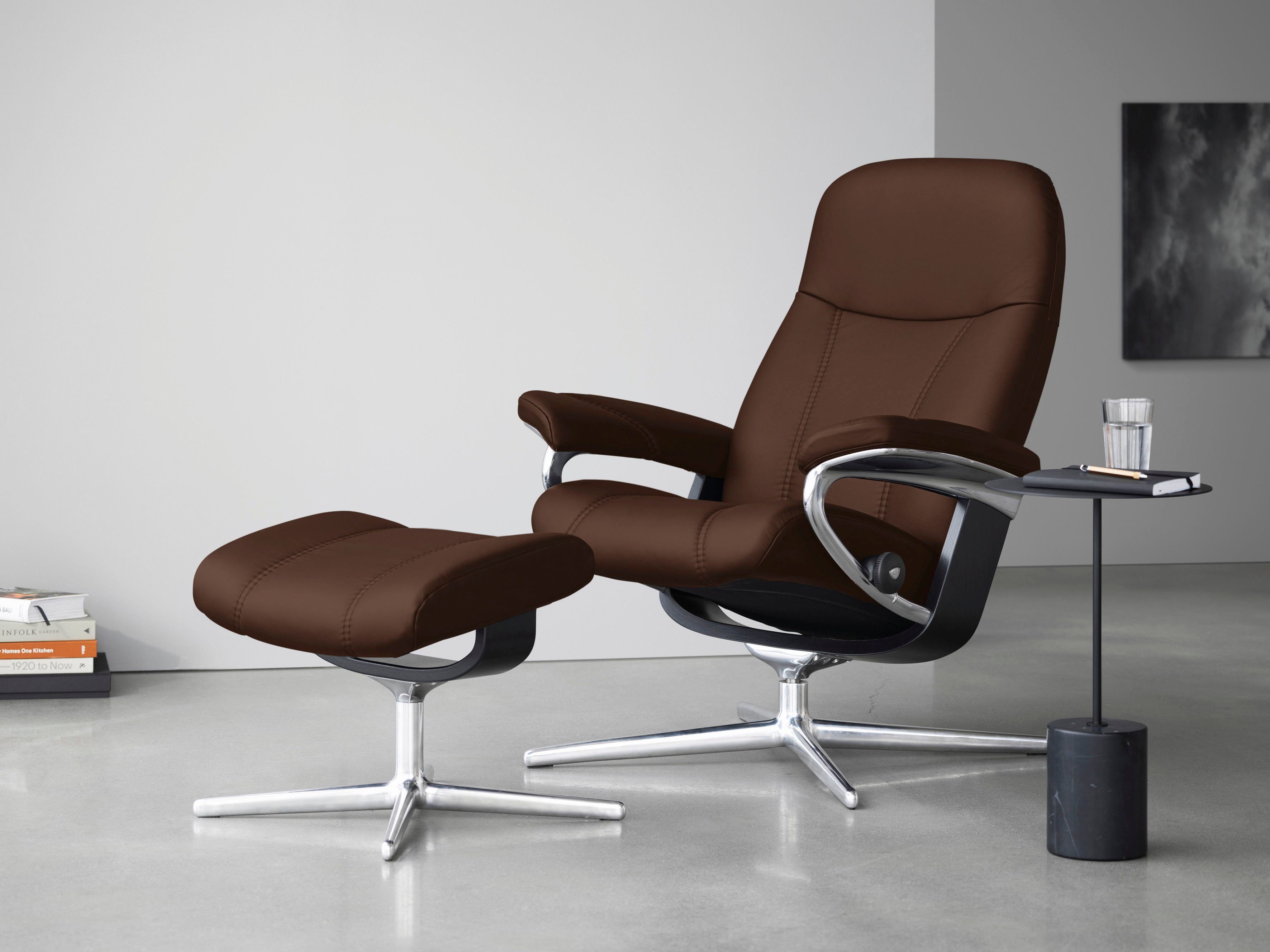 Stressless® Relaxsessel Consul (Set, Relaxsessel mit Hocker), mit Hocker, mit Cross Base, Размер S, M & L, Holzakzent Schwarz