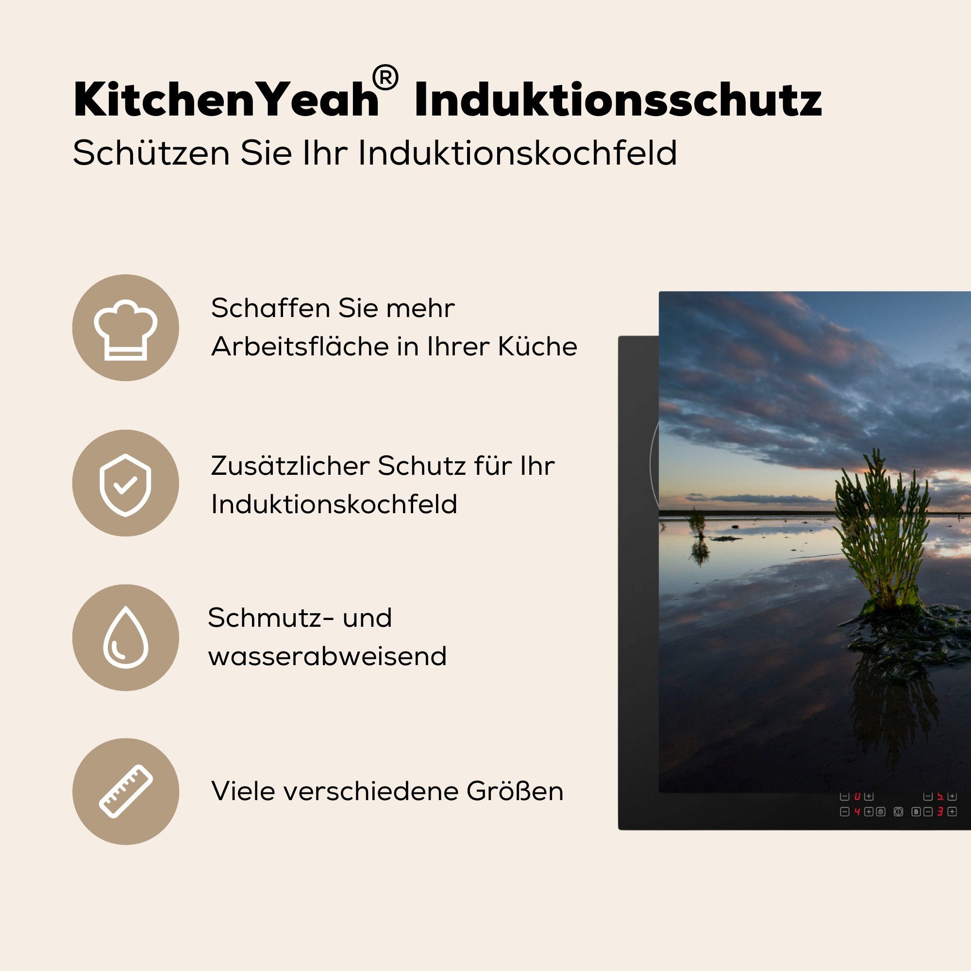 MuchoWow Herdblende-/Abdeckplatte Wattenmeer - Sonnenaufgang küche, für Vinyl, die cm, Schutz tlg), Wasser, (1 - Induktionskochfeld 81x52 Ceranfeldabdeckung