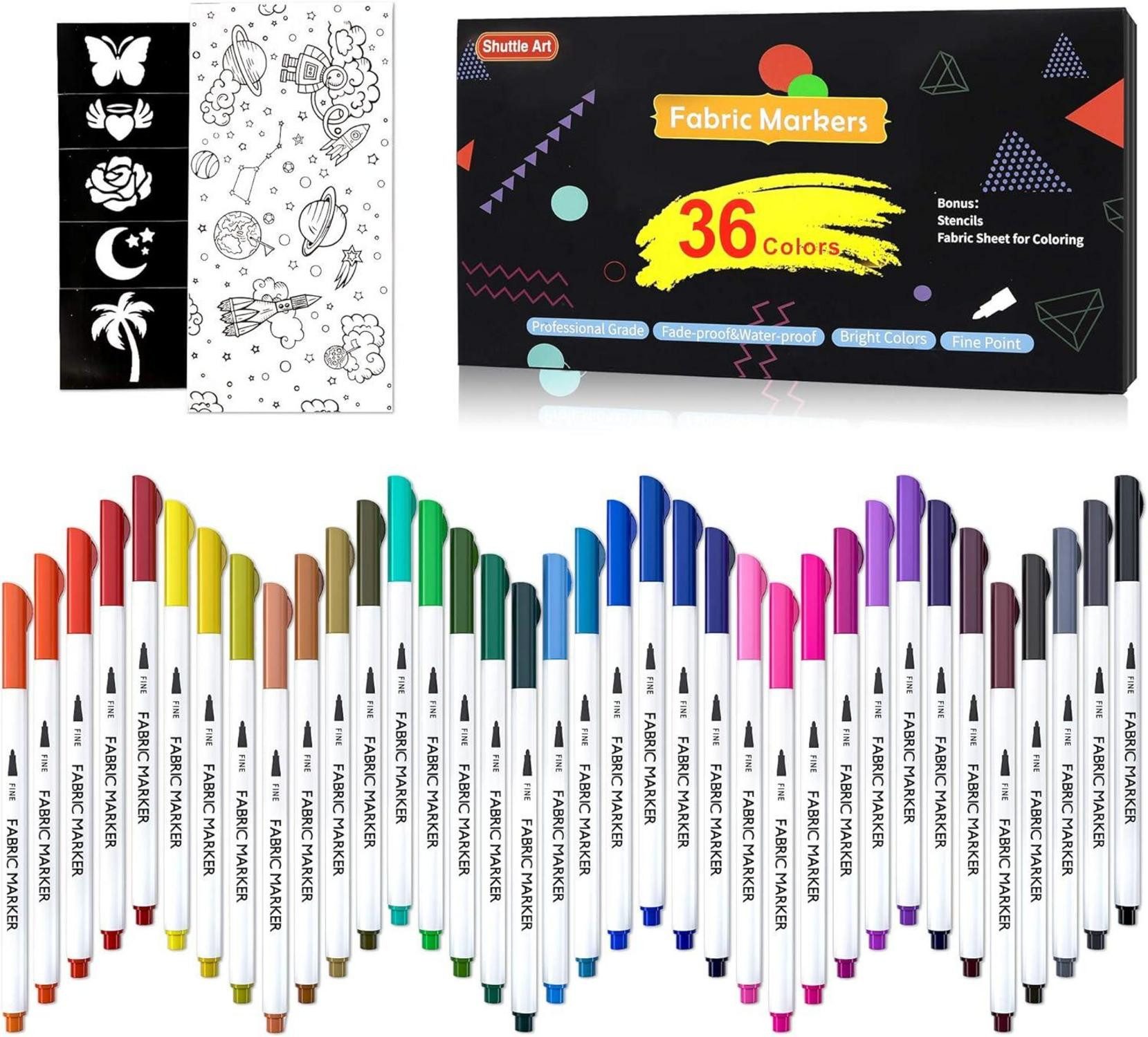 Shuttle Art Textilmarker 36 Textilstifte Set, waschmaschinenfest, 11 Vorlagen, 1 Leinwand