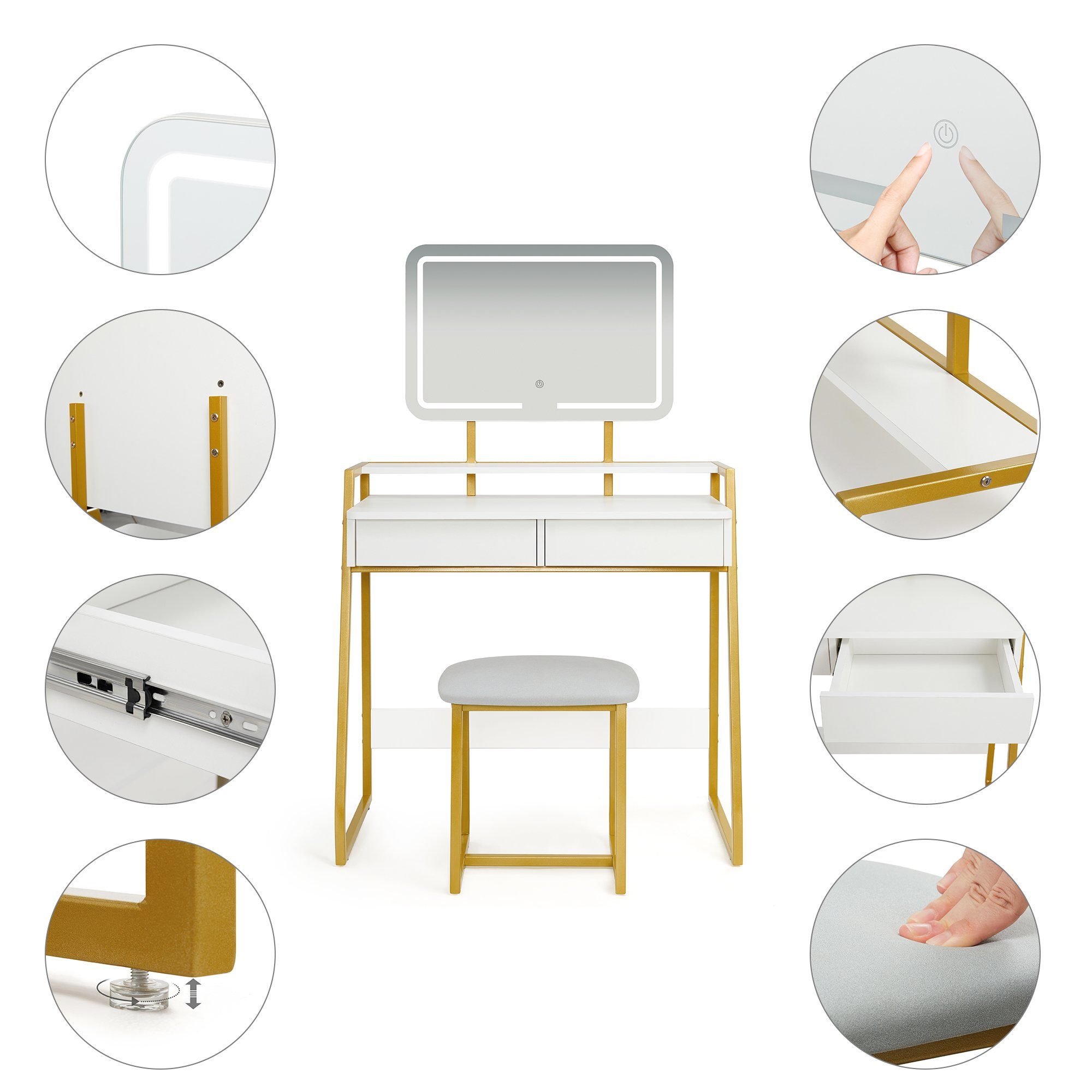 Mondeer Schminktisch Kosmetiktisch-Set(2-St), mit LED Beleuchtung, mit Spiegel einstellbare Helligkeit und Hocker – Bild 4 von 5