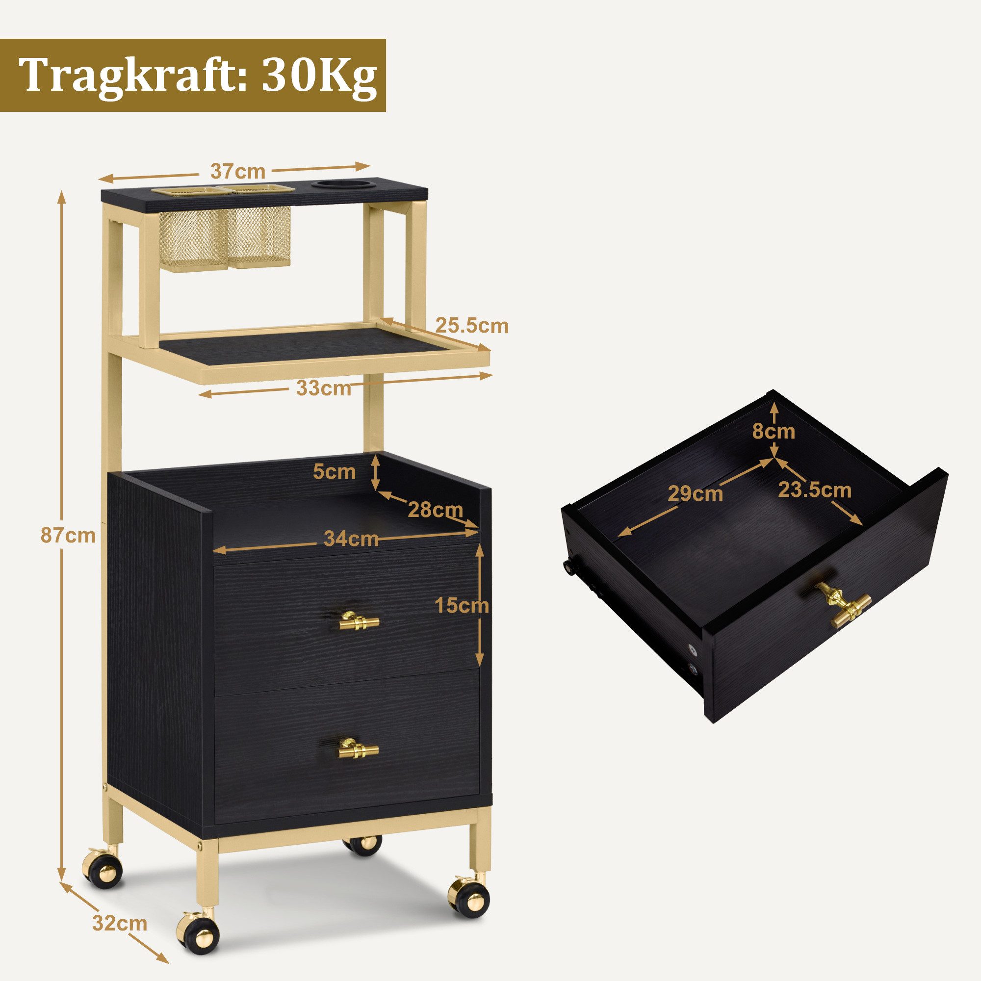 Barberpub Servierwagen BarberPub Friseurwagen, Rollwagen Servierwagen, 0029, mit Rollen & 2 Schubladen, mit 2 Ablagen & Föhnhalter MDF