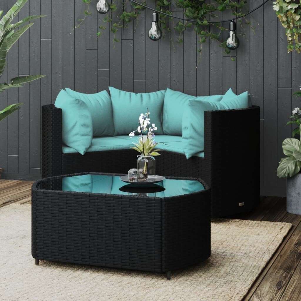 vidaXL Gartenlounge-Set 4-tlg. Garten-Lounge-Set mit Kissen Schwarz Poly Rattan, (4-tlg) Schwarz und blau