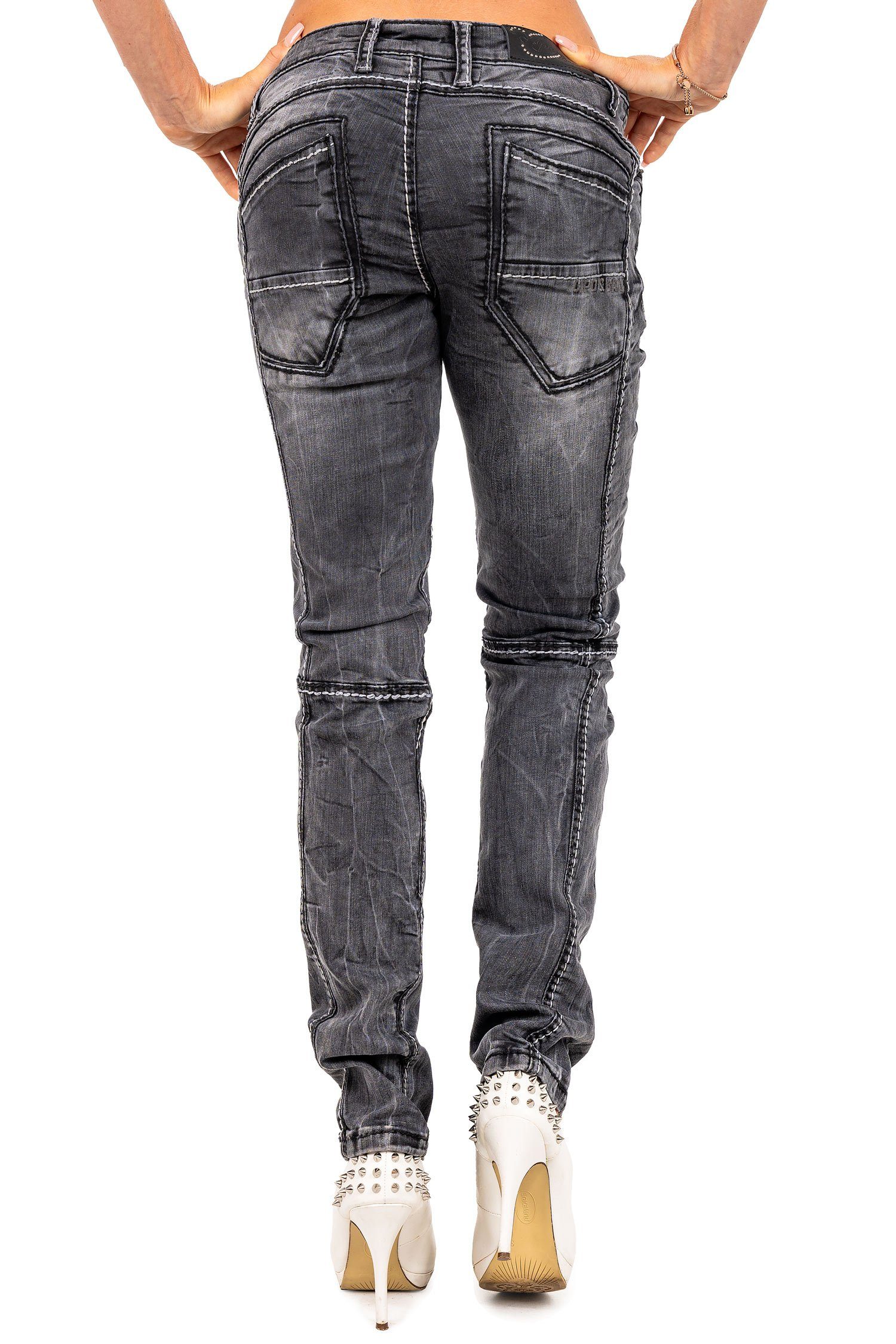 Cipo & Baxx Regular-fit-Jeans Damen Straight Fit Hose Stonewashed BA-WD477 (1-tlg) Stonewashed mit trendigen Ziernähten