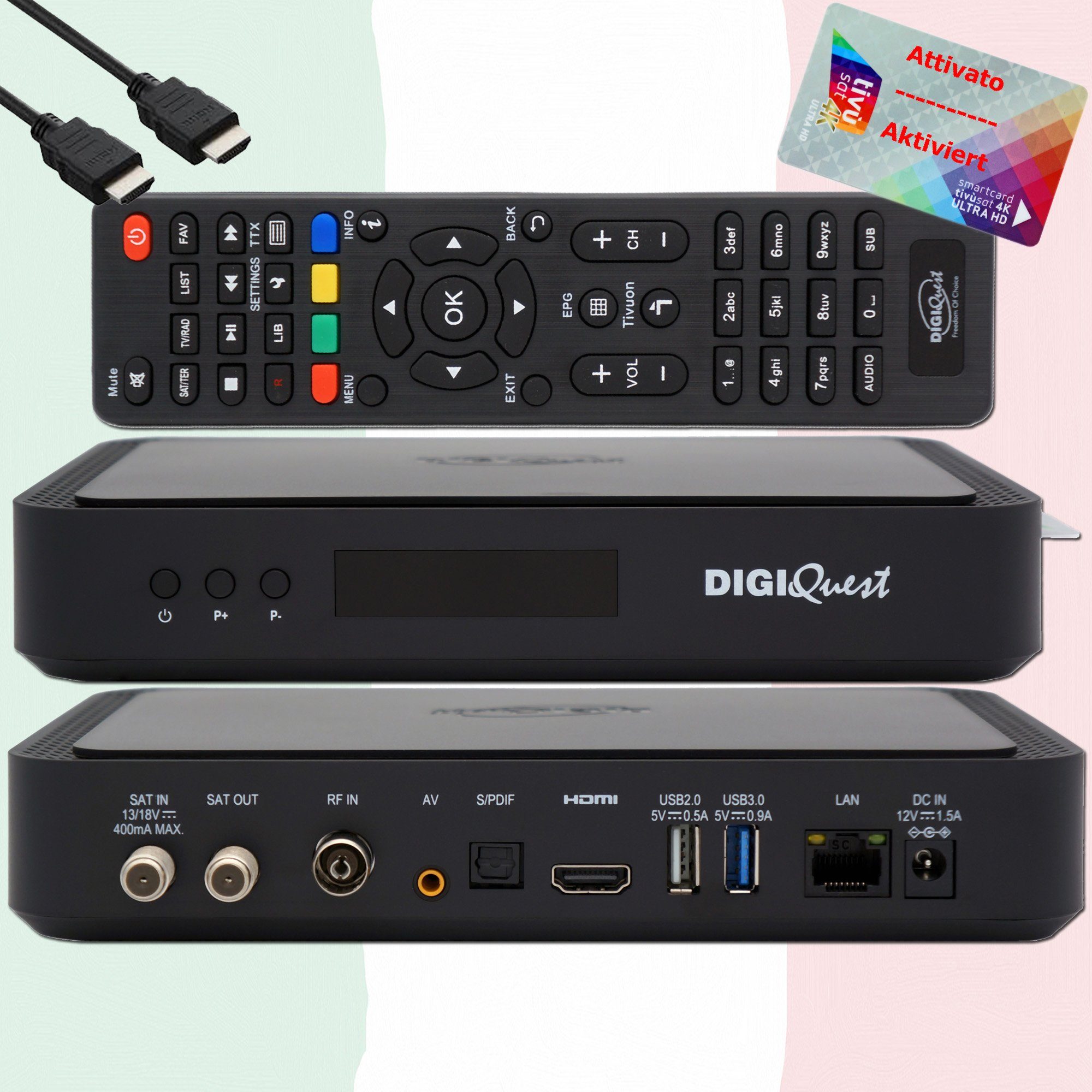 DIGIQuest TivuSat Karte 4K UHD + DIGIQuest Q90 4K H.265 Sat Receiver (akiviert) SAT-Receiver