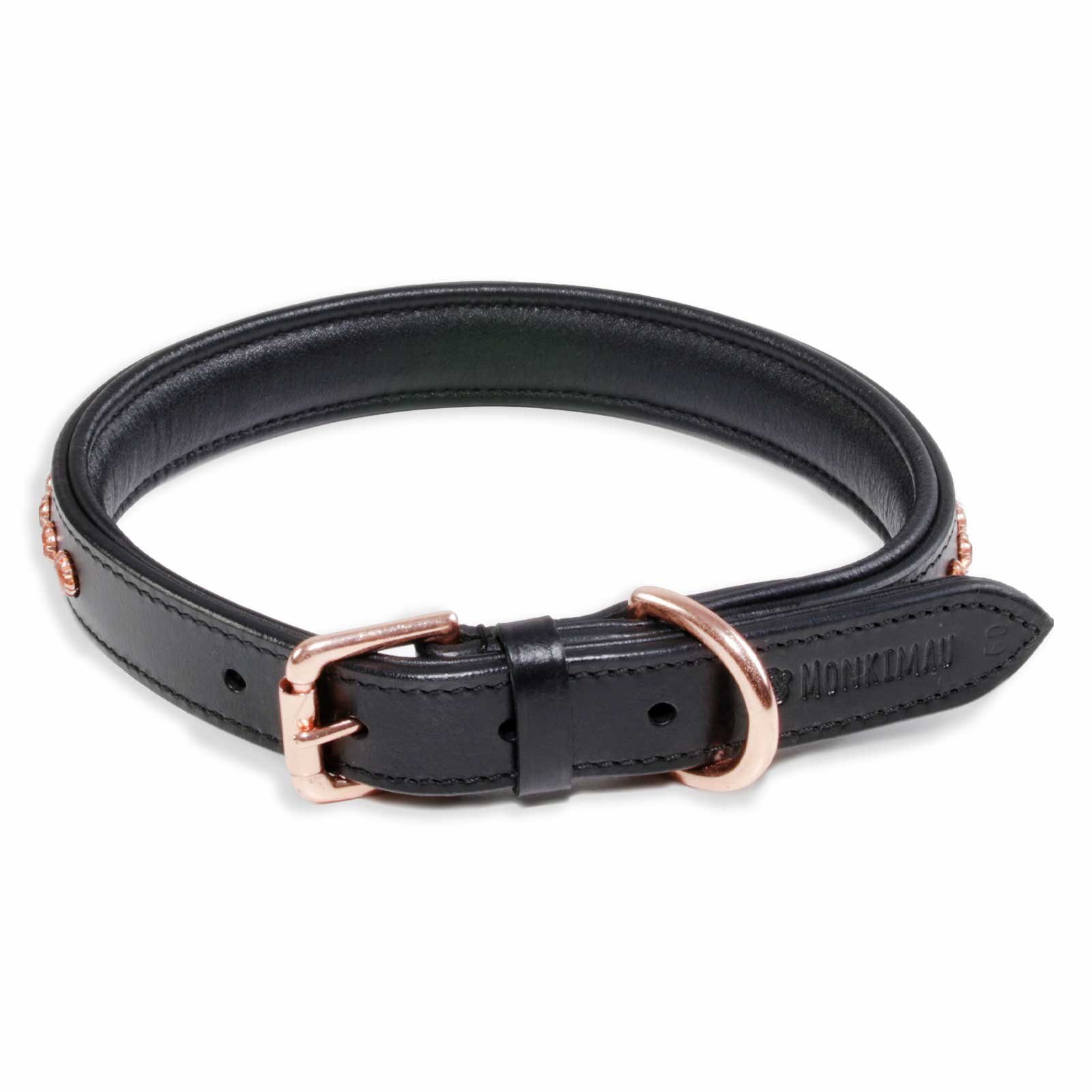 Monkimau Hunde-Halsband Hundehalsband Leder Halsband Hund schwarz mit  rosegold Kristallen S-XS, Leder