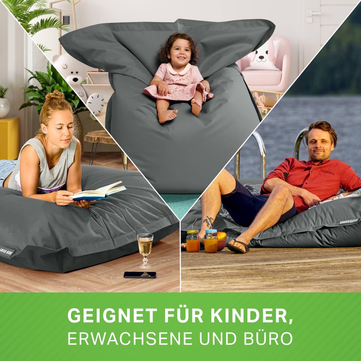 Green Bean Sitzsack XXL Outdoor Sitzsack Square 140x180cm (XXL Riesensitzsack 140x180cm 380 Liter Kinder & Erwachsene Bean Bag EPS Perlen Füllung, Groß Draußen Outdoor Liegekissen), Waschbar Wetterfest Lounge Sitzkissen Bodenkissen