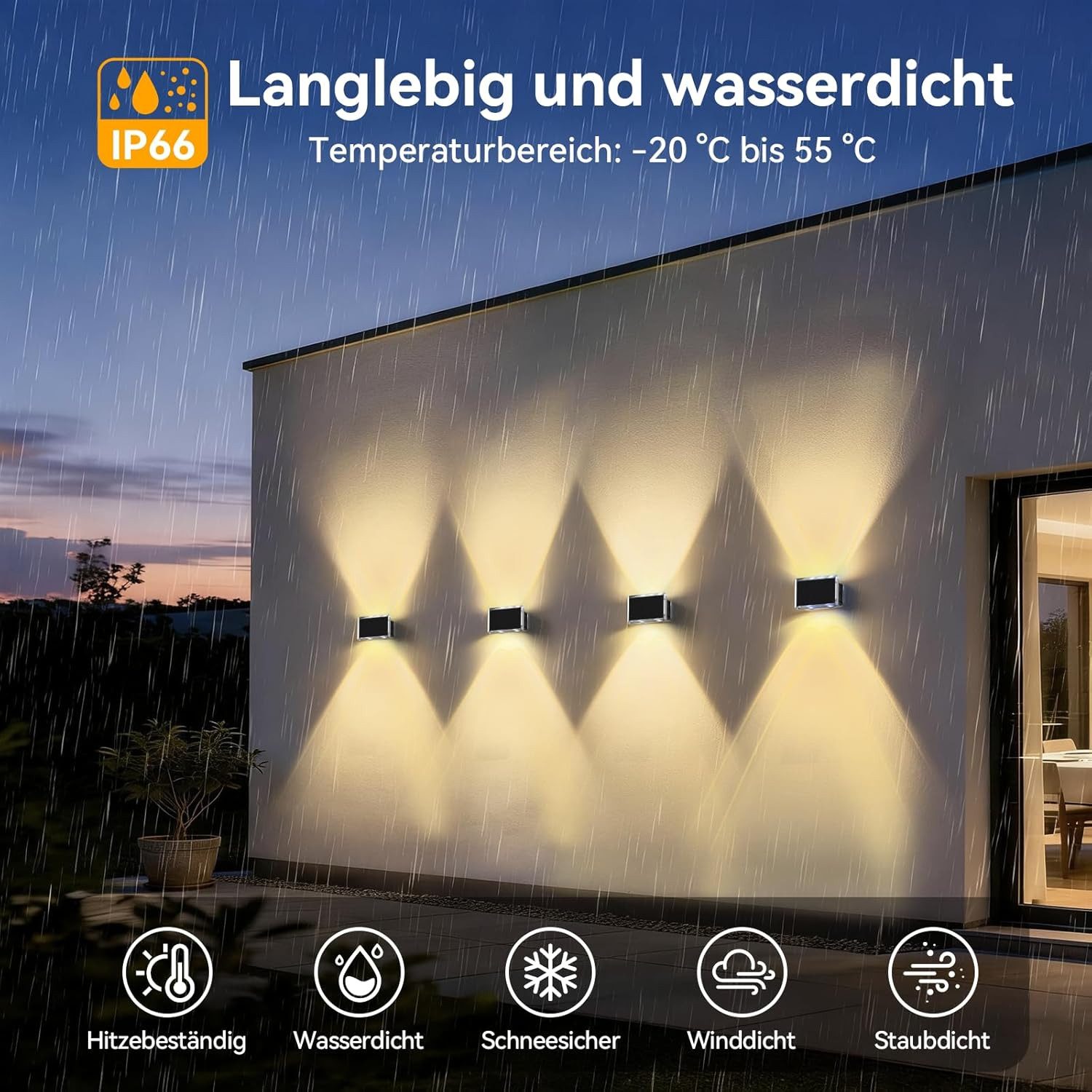ibettertec LED Außen-Wandleuchte Solar nfür, Up and Down Solarlampen für Außen Wand, 2/4 Stück, IP66 Wasserdicht, 4 LEDs, 9 Farbmodi Solarleuchten für Garten Ho – Bild 4 von 5