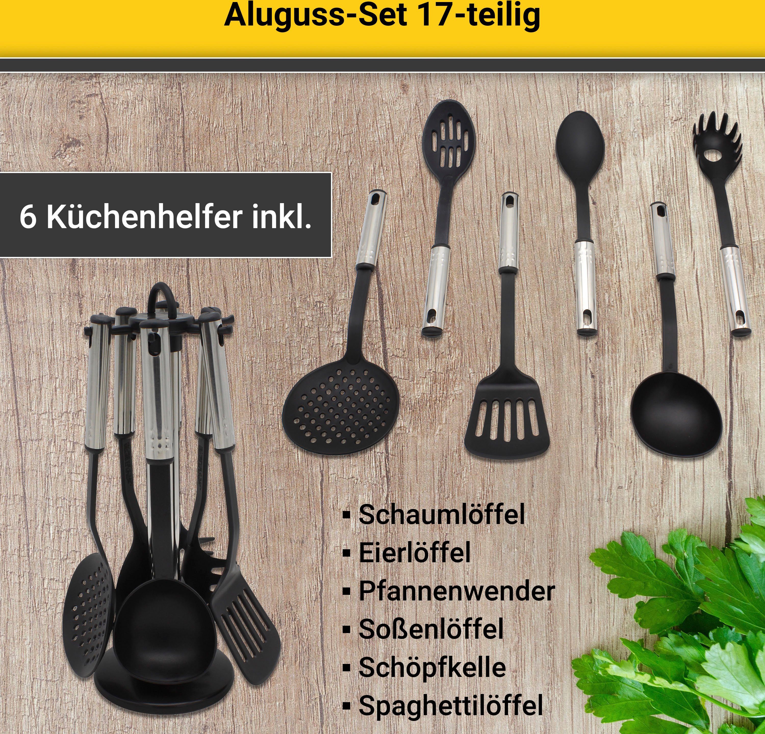 Krüger Topf-Set Aluguss Topf- und Pfannenset inkl. praktischen Küchenhelfern, 17 tlg., Aluminiumguss (Set, 17-tlg., Fleischtopf 16/18/20/24cm, Stieltopf 16cm St – Bild 4 von 5