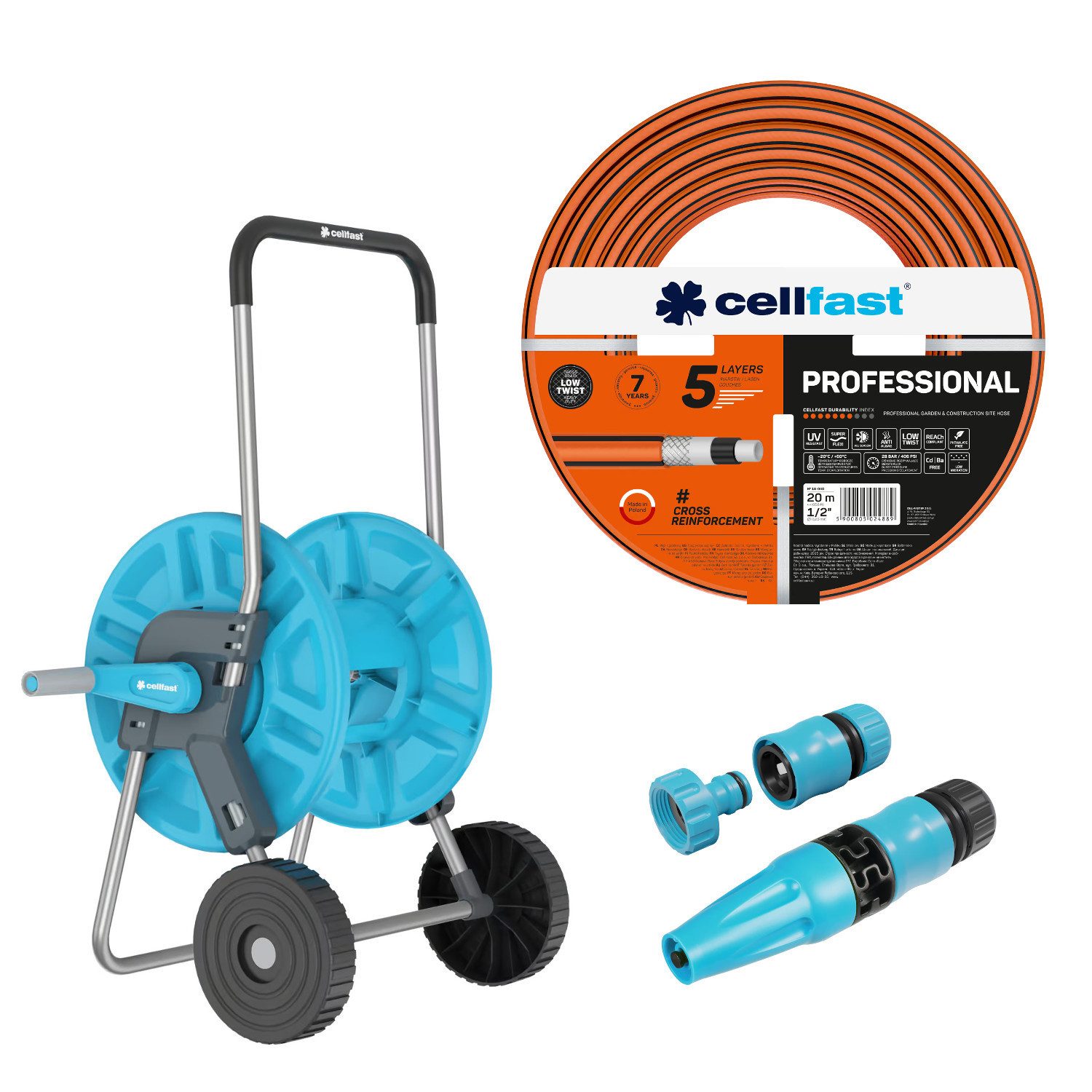 Cellfast Schlauchwagen 1/2", Gartenschlauch PROFESSIONAL 1/2" 20 m, Basic Sprühkopf 1/2", All Season, Anti Algae, ReaCh Compliant, Super Flexi, UV Resistant
