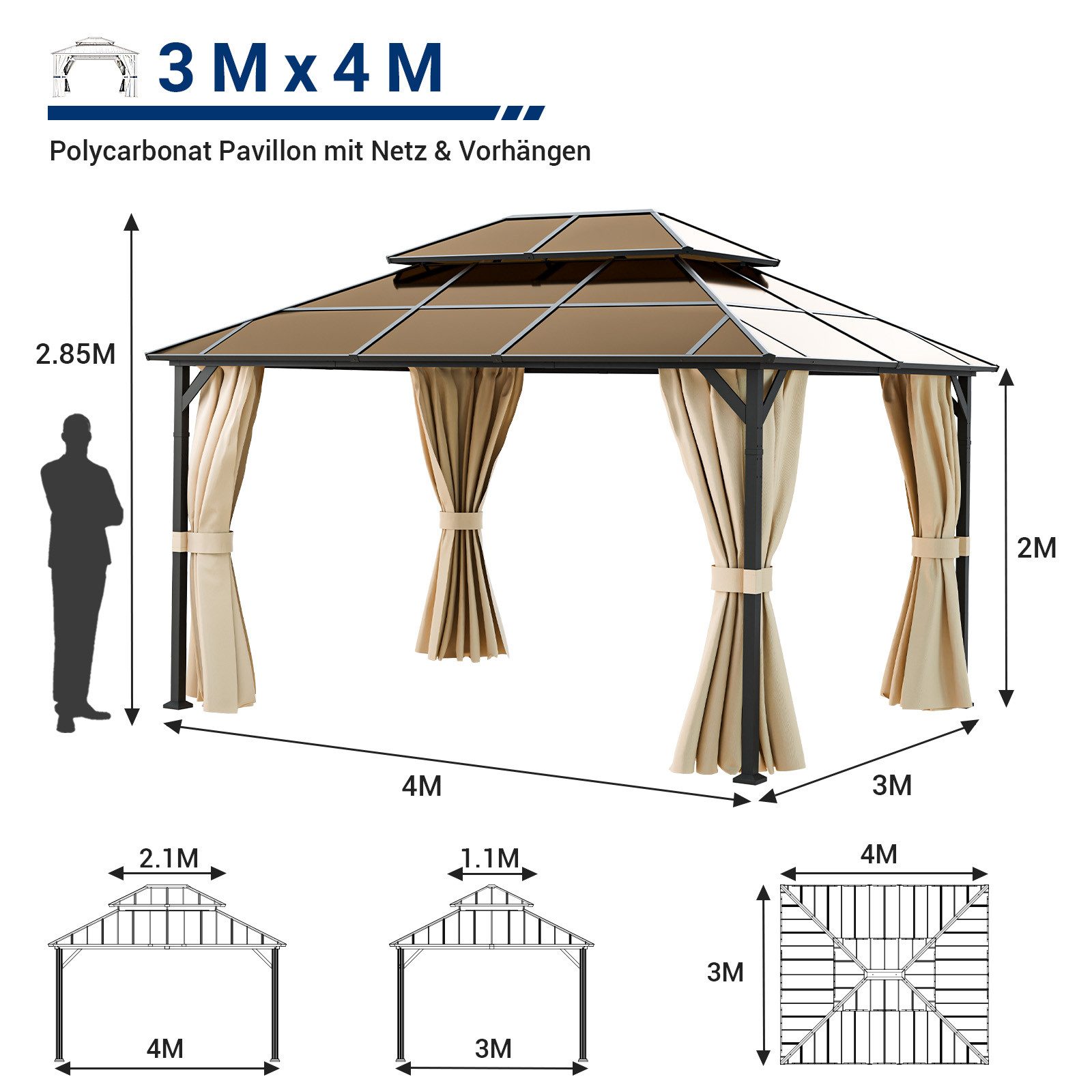 UDPATIO Pavillon 3x4 m Pavillon Polycarbonat günstig online kaufen