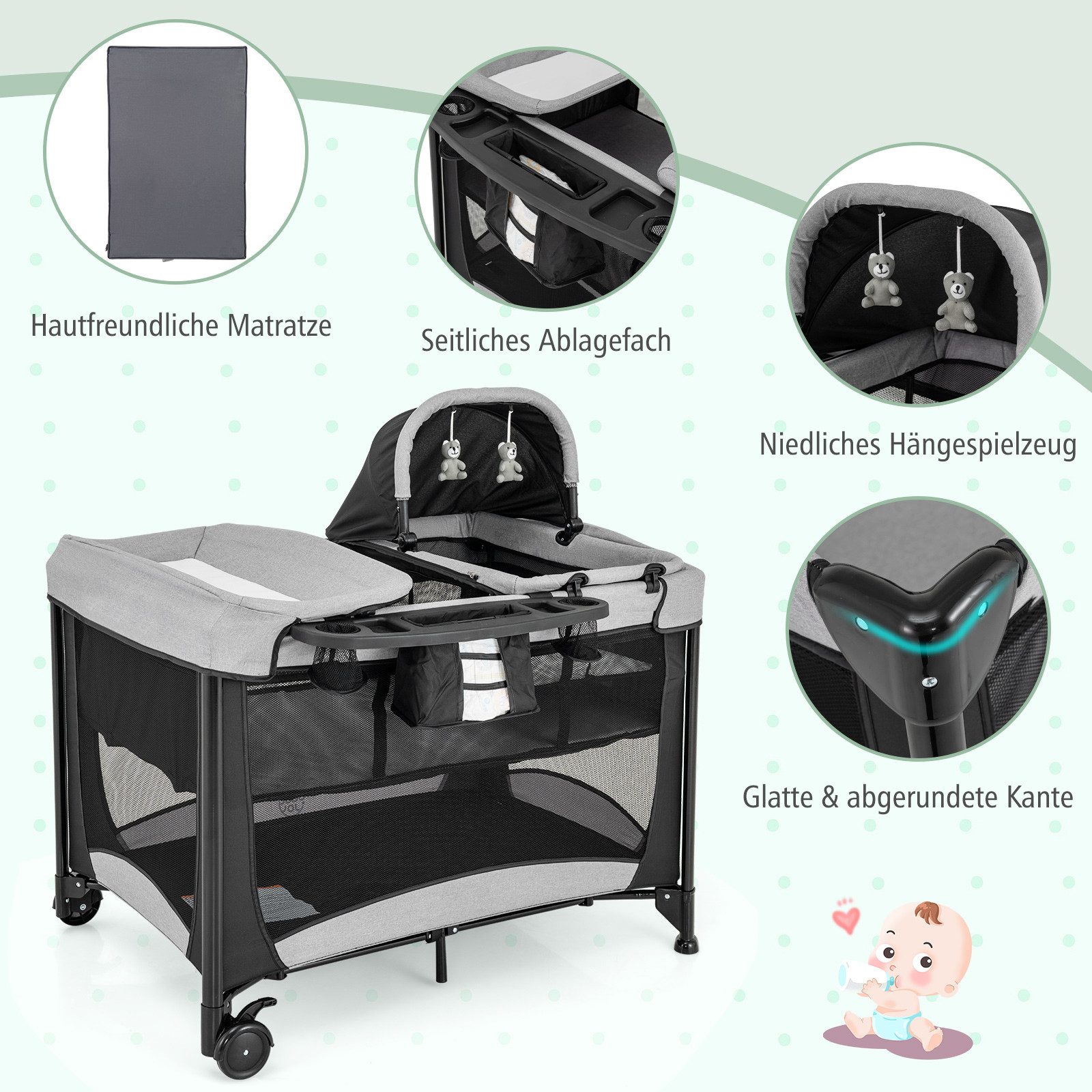 COSTWAY Baby-Reisebett, mit Matratze & Wickeltisch, günstig online kaufen