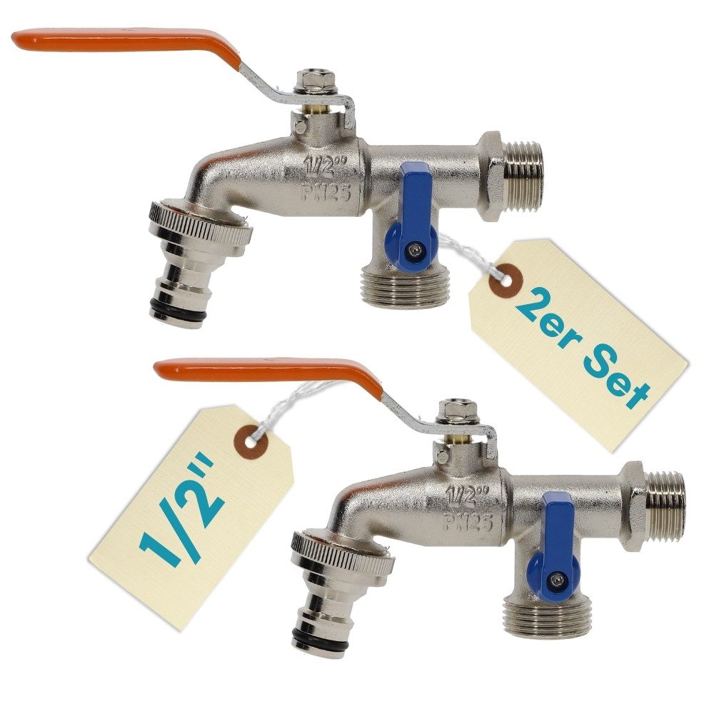 GarPet Kugelhahn 2er Set Garten Wasserhahn Kugelhahn 1/2" Doppelanschluss 1/2 Zoll