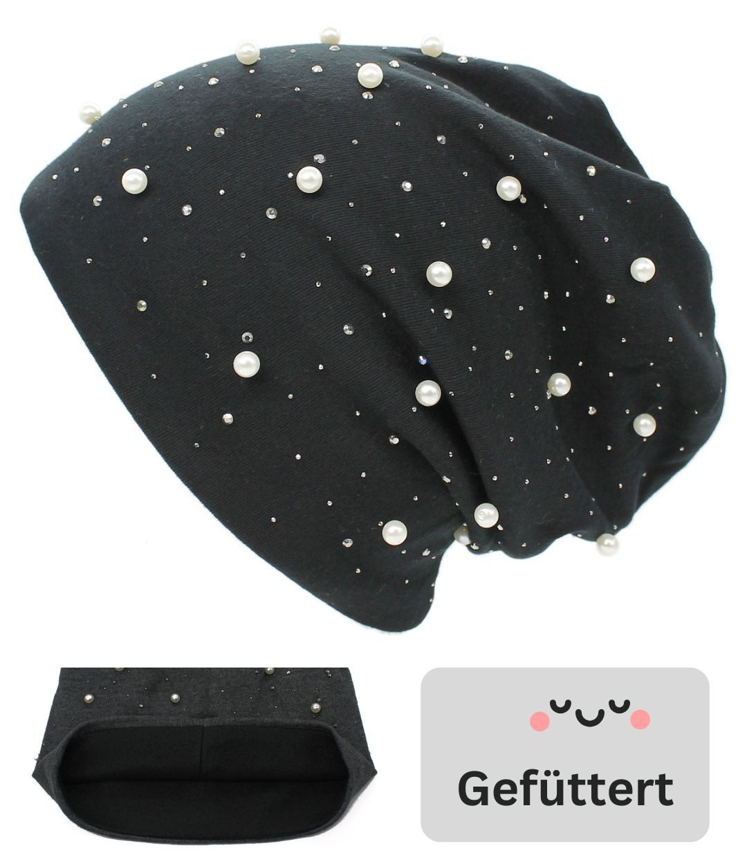 Beanie Damen Beanie Mütze mit Kunstperlen Glitzer – Gefütterte Beaniemütze