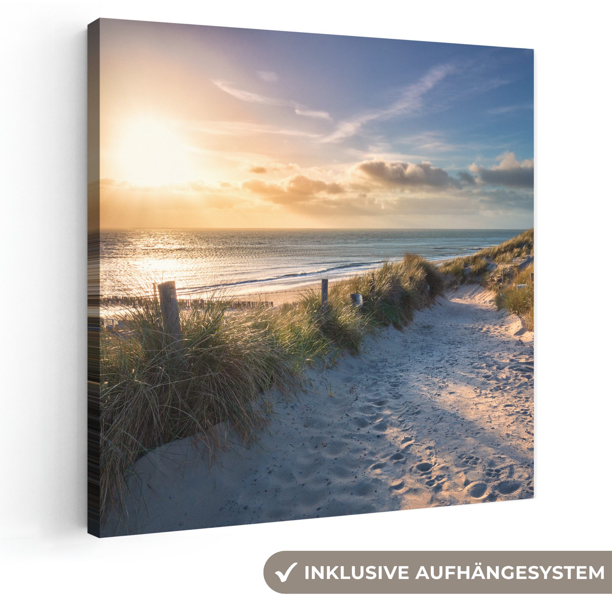 OneMillionCanvasses® Leinwandbild Sonnenuntergang - Strand - Düne - Gras - Bank, Fotodruck (1 St), Wandbild, Deko Schlafzimmer Wohnzimmer Flur 20x20 cm