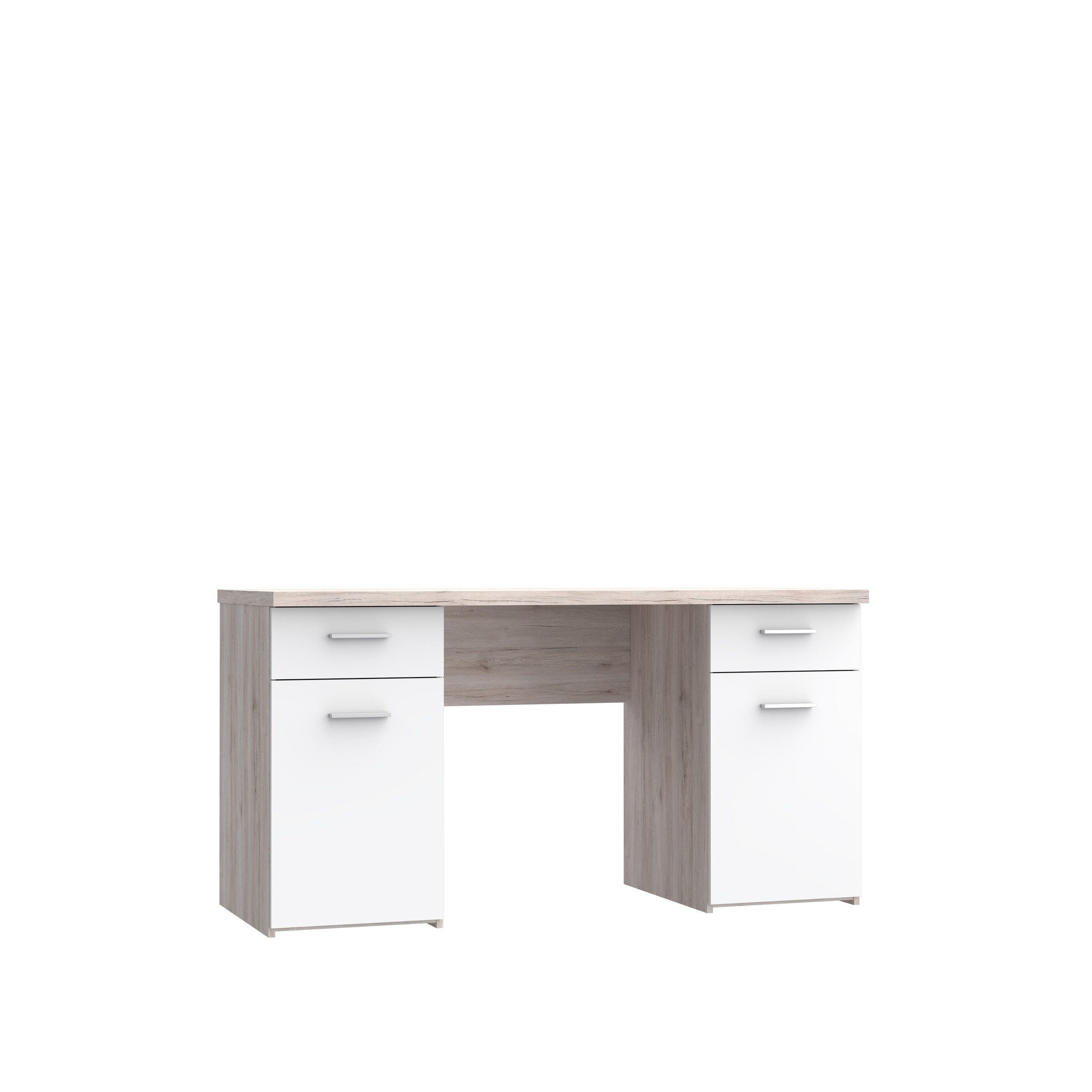 FORTE Schreibtisch 2 Schübe, 2 Türen, Weiss / Sandeiche Dekor - 145x76,3x60cm (BxHxT)