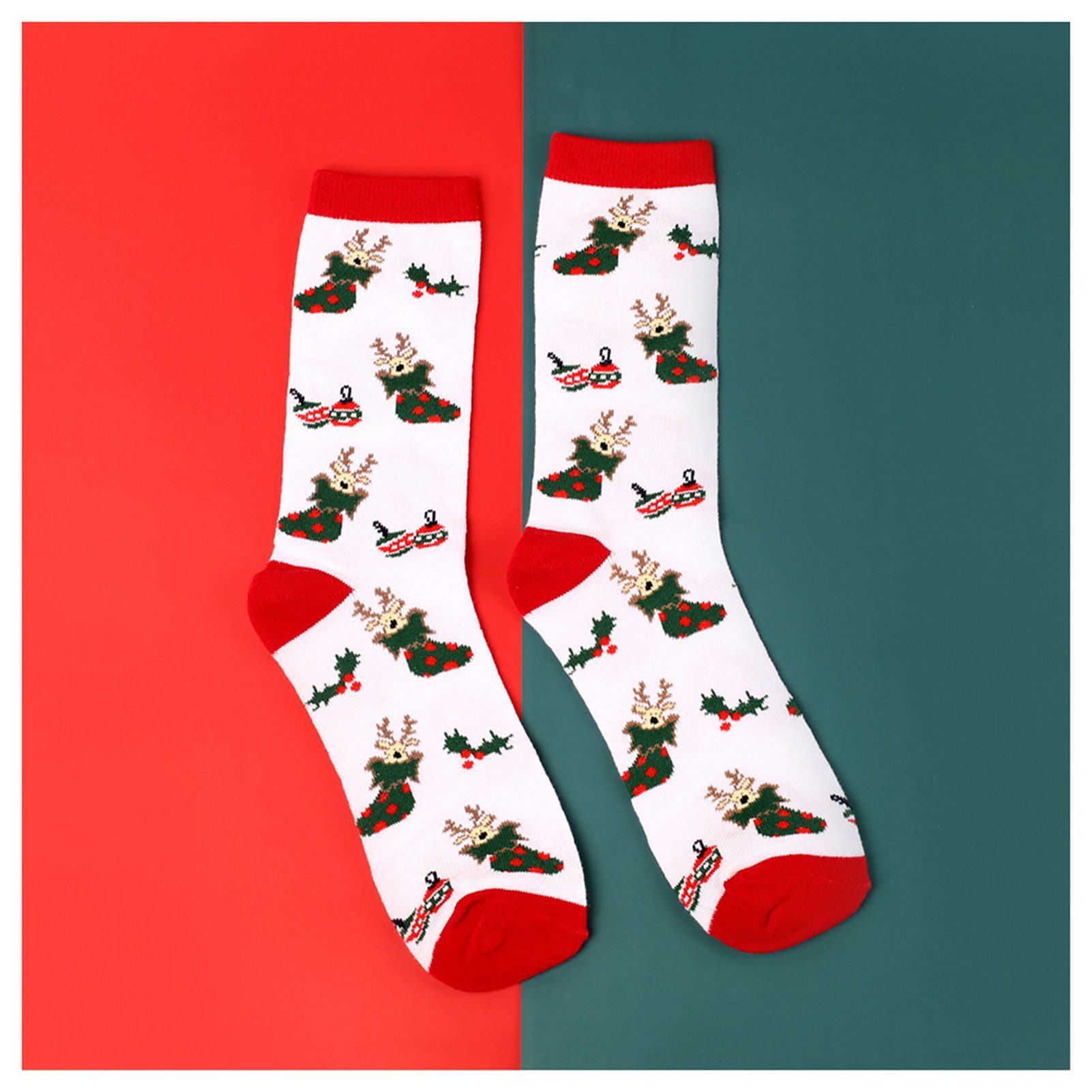 Cartoon-Weihnachtssocken, Grüne Hochelastische Hirsch Socken Unisex-Mid-Tube-Socken Strümpfe Blusmart