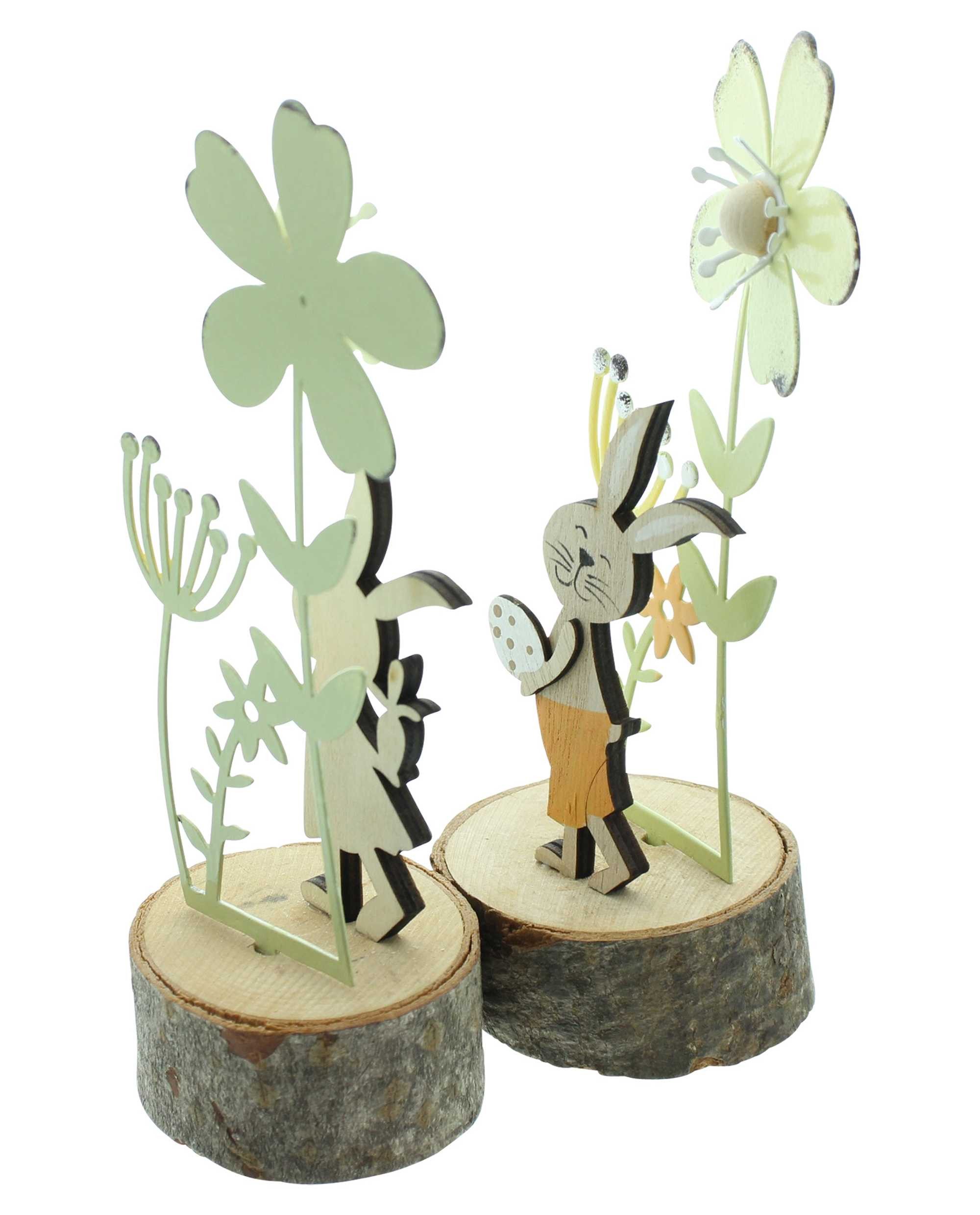 Dekoleidenschaft Dekofigur Hase "Blumenwiese" aus MDF & Metall, Osterdeko, Osterhase, Hasenfigur (2 St., im Set), 18 cm hoch, Osterfigur, Figurenset