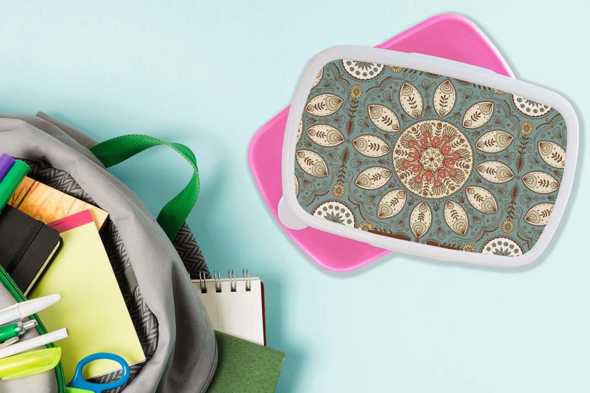 MuchoWow Kinder, - rosa Mädchen, Brotbox Lunchbox Mandala - - Erwachsene, Kunststoff Bohème Muster, Brotdose Snackbox, Kunststoff, (2-tlg), Retro für