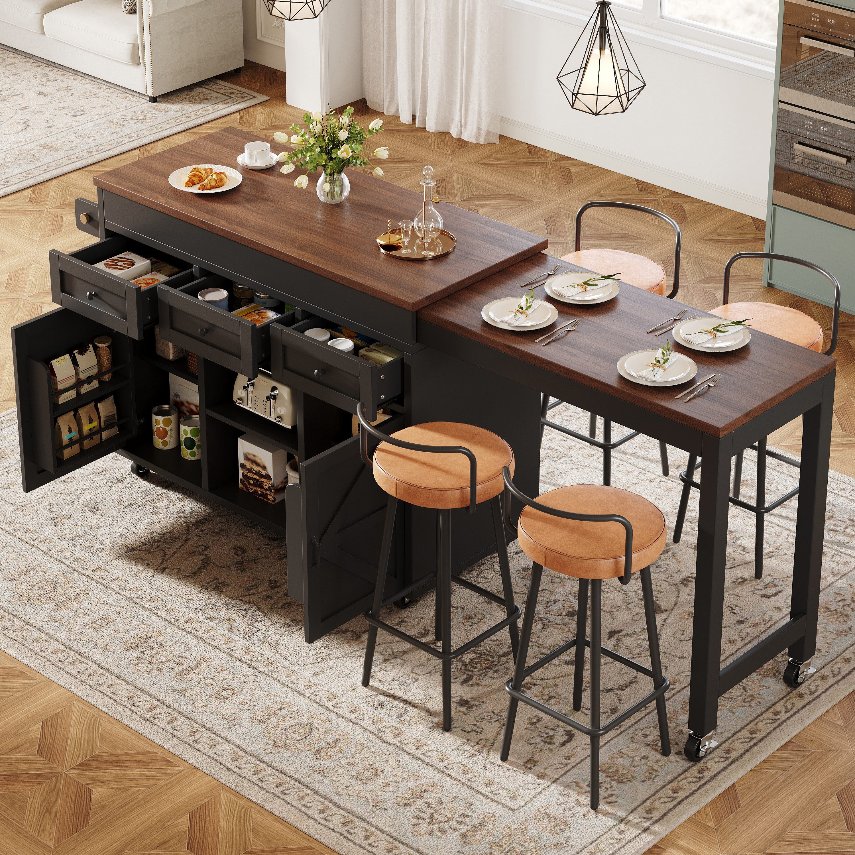 REDOM Kücheninsel Ausziehbarer Esstisch Bartisch, (mit Stauraum, ausziehbarer Esstisch Bartisch, 360° drehbare, mit Schubladen und Schränken)
