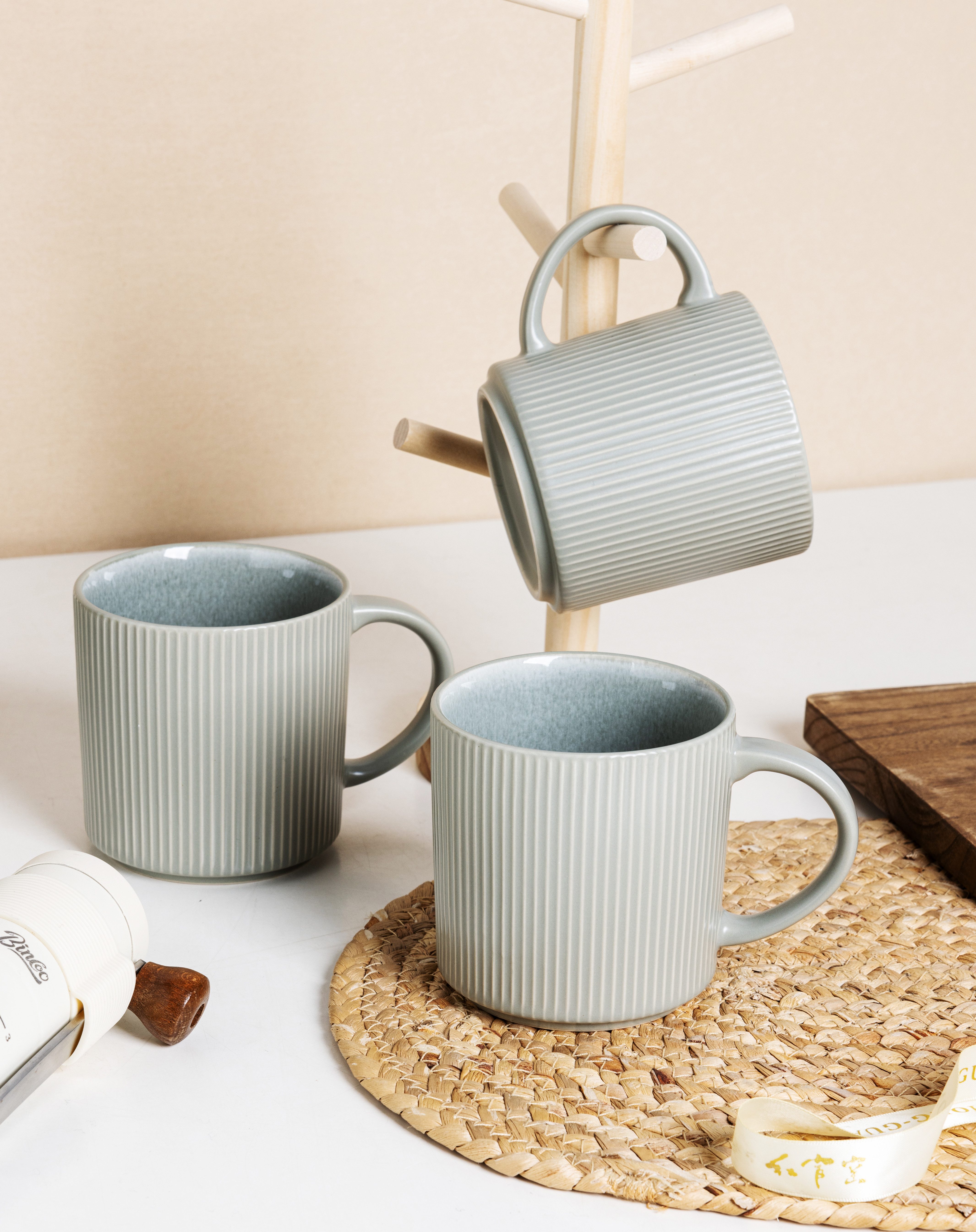 OTTO home Becher Kaffeebecher Ylvii, 6er Set, 6-tlg., Steinzeug, Riffeloptik, spülmaschinenfest und mikrowellengeeignet, 460 ml