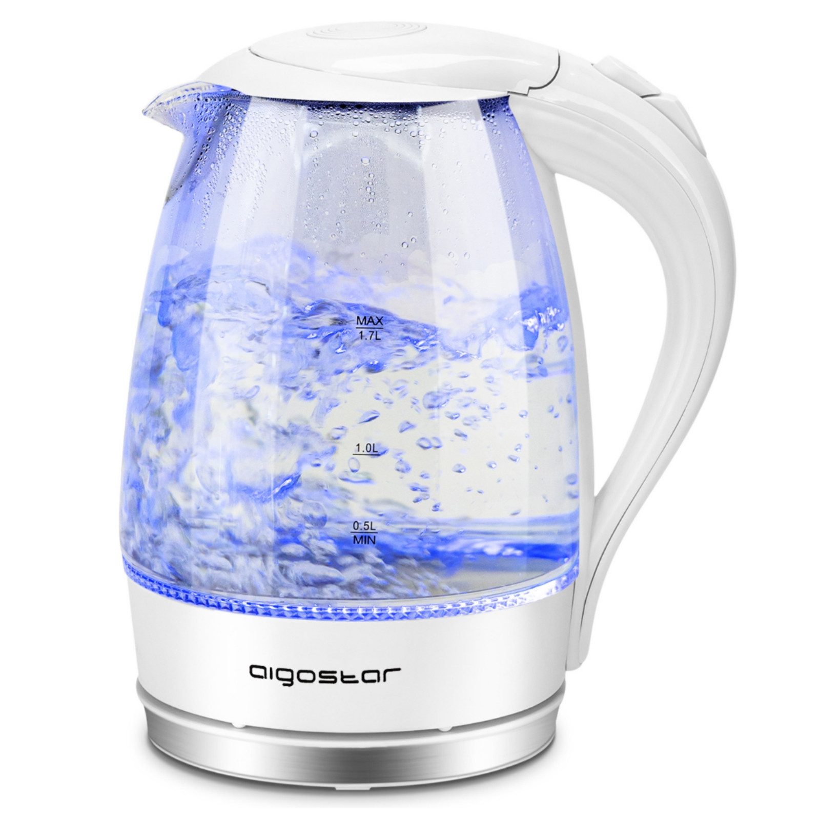 Aigostar Wasserkocher Glaswasserkocher Weiß, LED Beleuchtung, Kalkfilter, Abschaltautomatik, 1.7 l, 2200,00 W