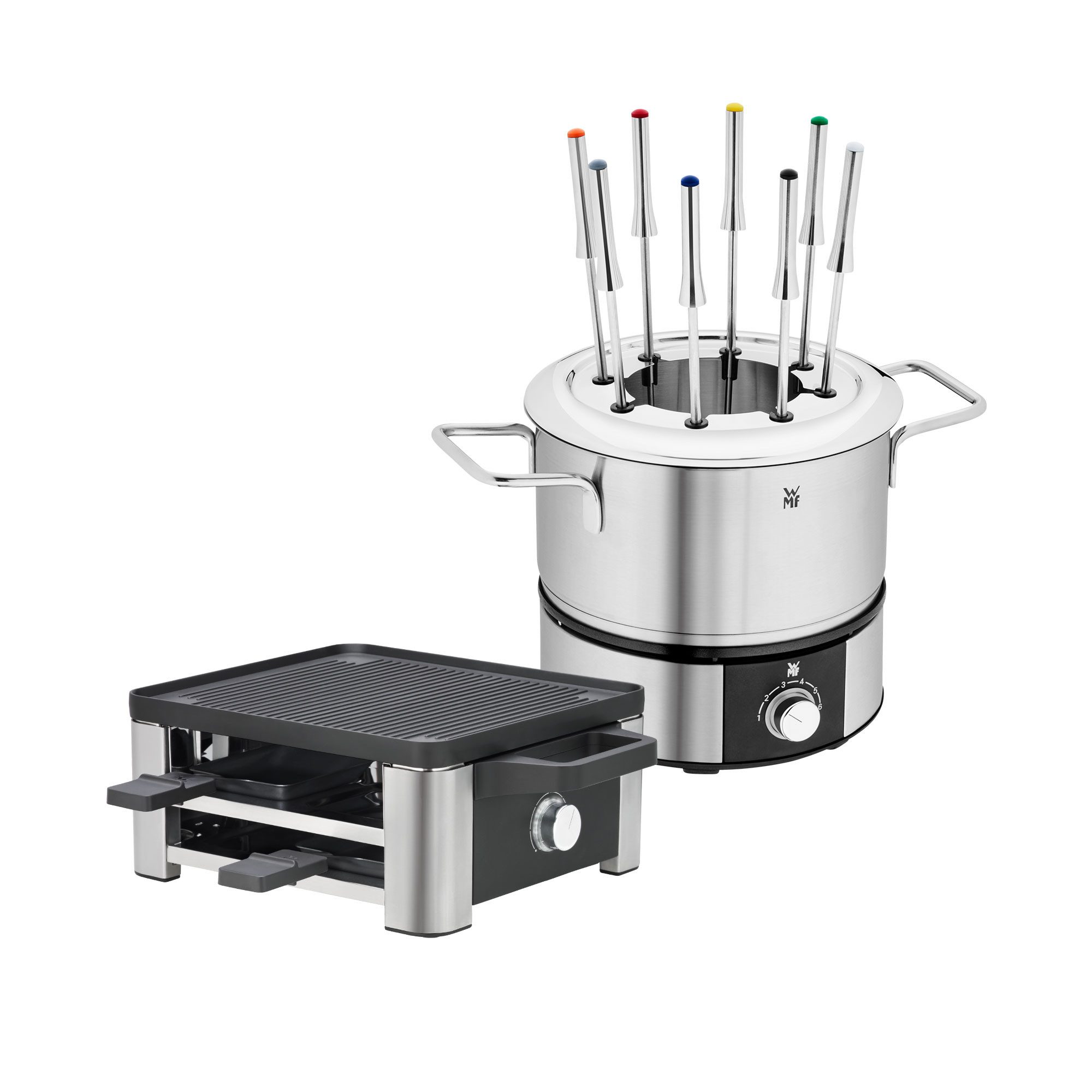 WMF Raclette und Fondue-Set Lono, 4 Raclettepfännchen, Raclette für 4 Personen, Fondueset für 8 Personen