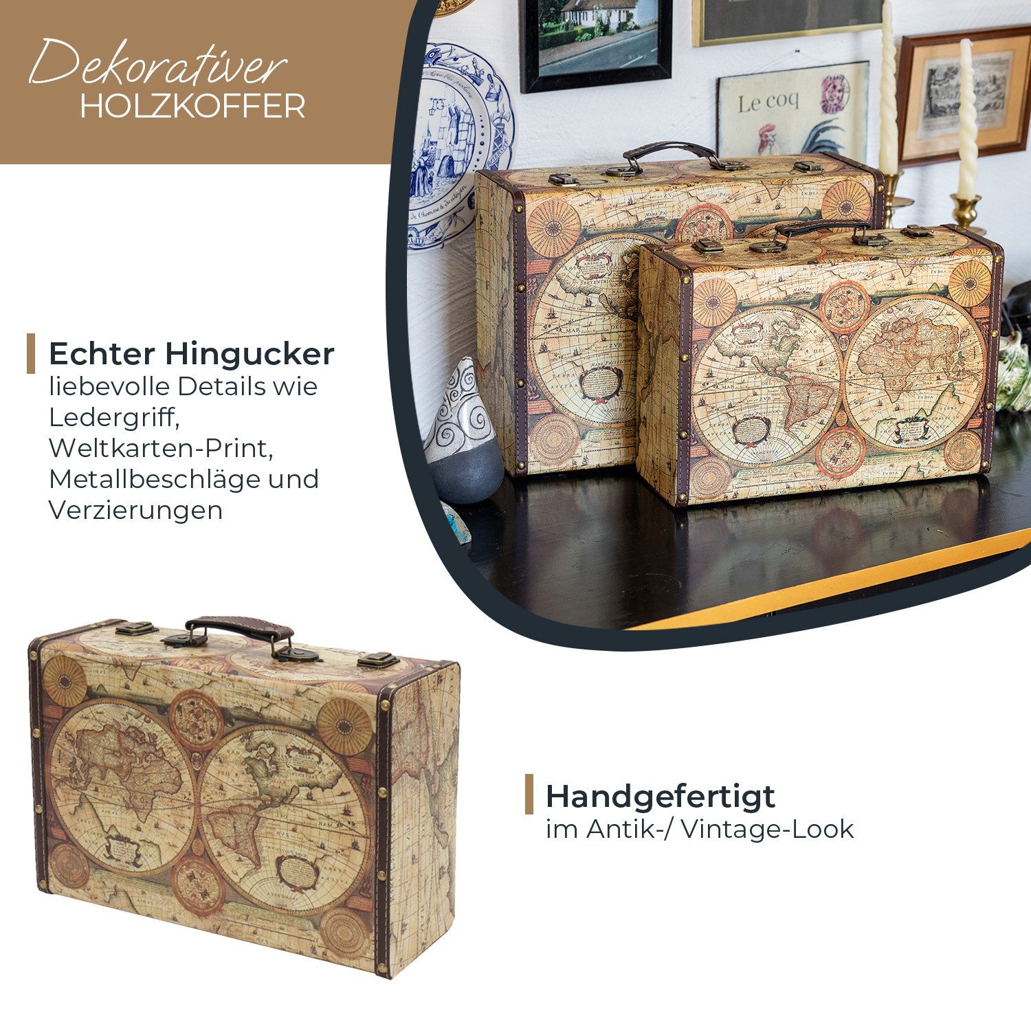 HMF Aufbewahrungsbox Handgefertigter Vintage Koffer aus Holz, Deko Koffer, Geschenkkoffer im Weltkarten Design, 38 x 26 x 13 cm