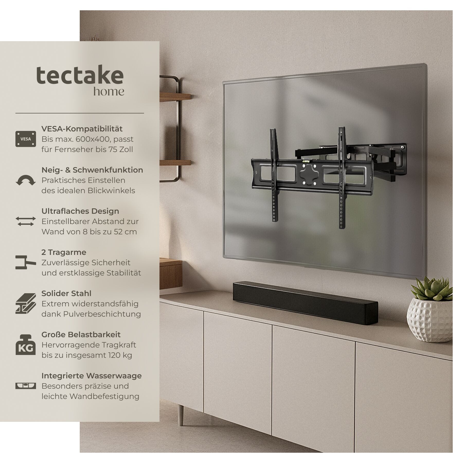 tectake TV-Wandhalterung Fernseherhalterung für 32-100 Zoll (81-254 cm), max. VESA 600 x 400, (bis 100 Zoll, für Flachbildfernseher, bis 120 kg, ausziehbar, schwenkbar, neigbar und stufenlos breitenverstellbar)