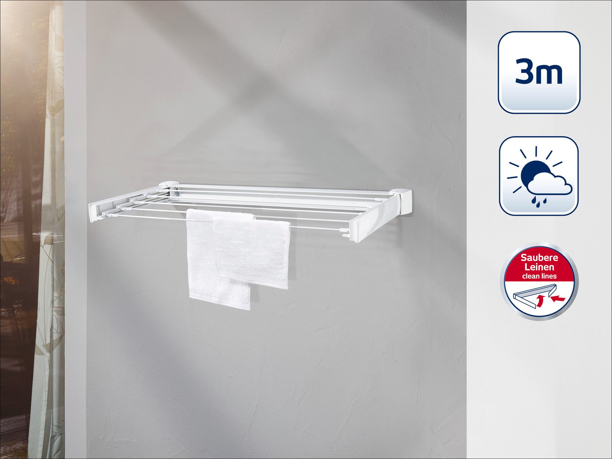 Leifheit Wandwäschetrockner Wandtrockner Telegant 30 Protect, 3m Trockenlänge, 5 Trockenstäbe (60cm), für Balkon oder Bad
