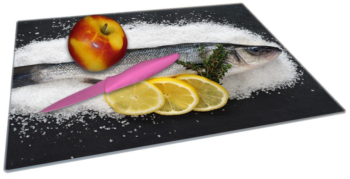 Fisch Schneidebrett Fischmenü Salz 4mm, (inkl. Wallario rutschfester Gummifüße 30x40cm auf - Frischer Zitronen, mit ESG-Sicherheitsglas, 1-St),