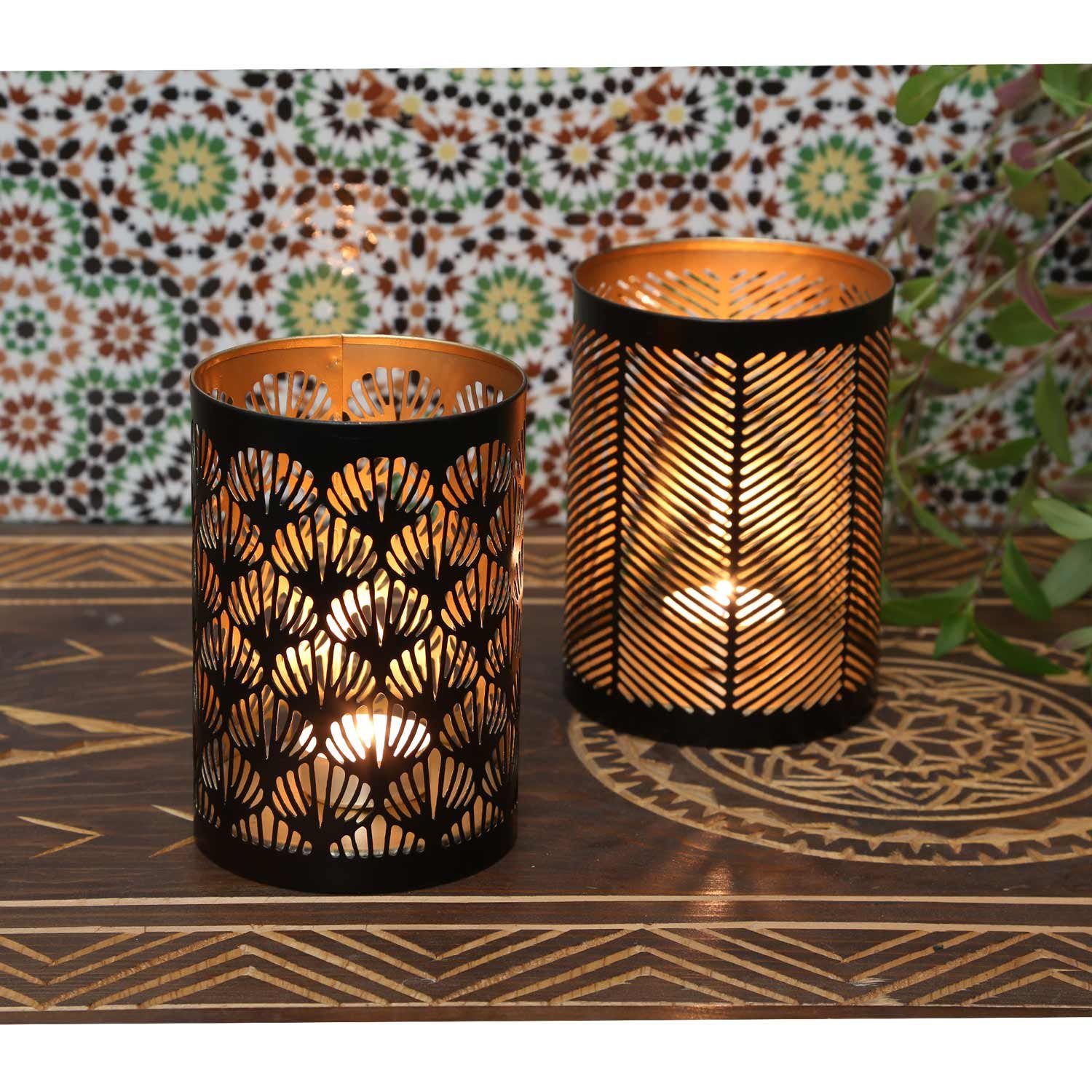 Casa Moro Teelichthalter Orientalisches Windlicht Lucca 2er Set rund Gold Schwarz (Marokkanische Teelichthalter wie aus 1001 Nacht), Tisch Deko Wohn Ostern Muttertag Dekoration IRL90