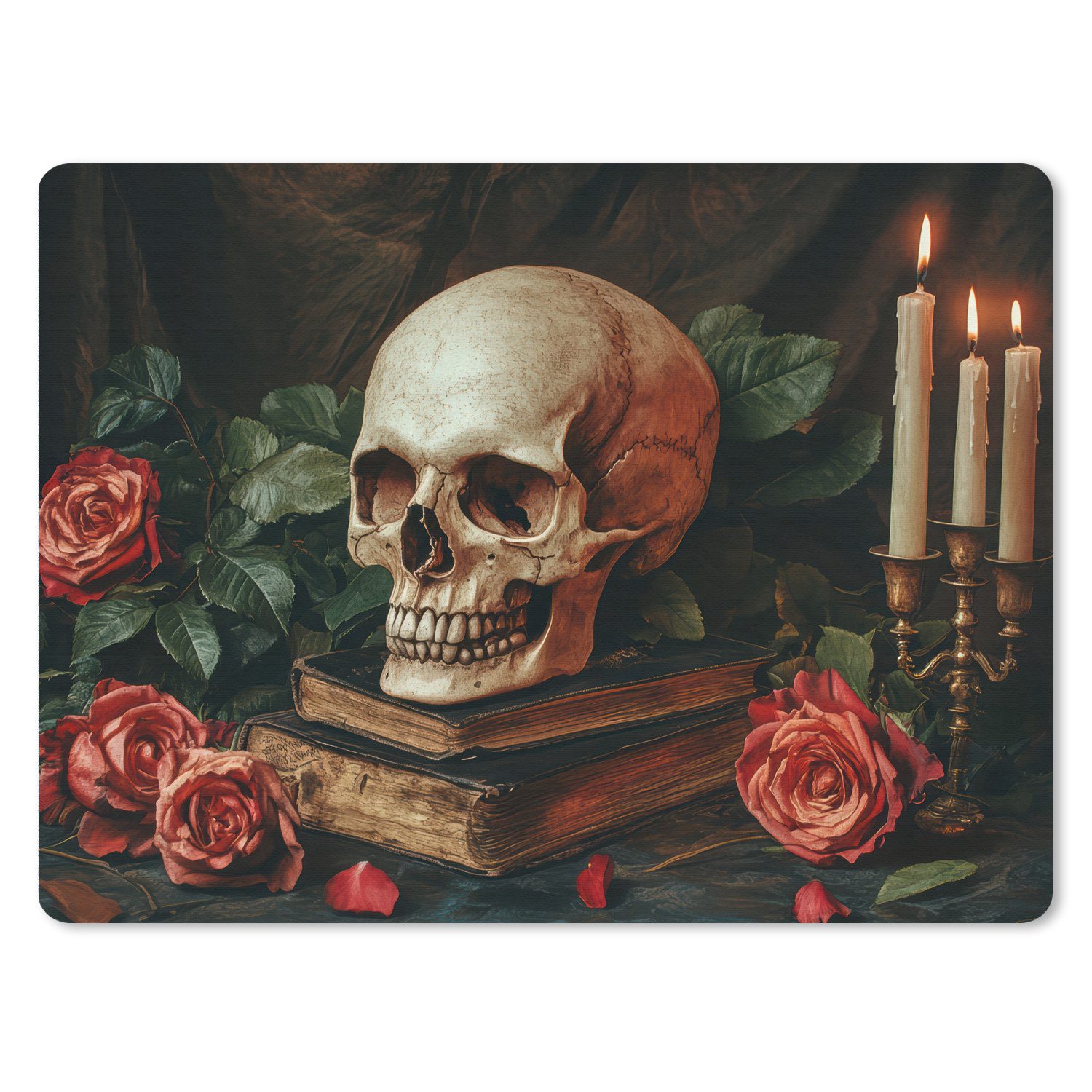 MuchoWow Mauspad Skelett - Kerzen - Rosen - Schädel - Bücher - Kerzenständer (1-St), Gaming, Büro, Mousepad XXL, Großes, Mausunterlage, 80x60 cm