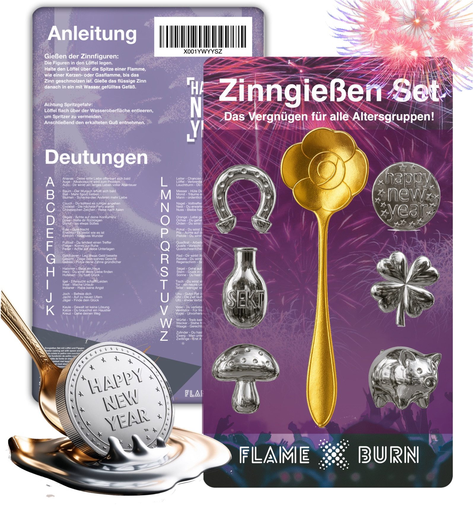 FlameXBurn Spiel Zinngießen Set für Silvester 2025: inkl. Löffel & Orakelbuch Feuerwerk