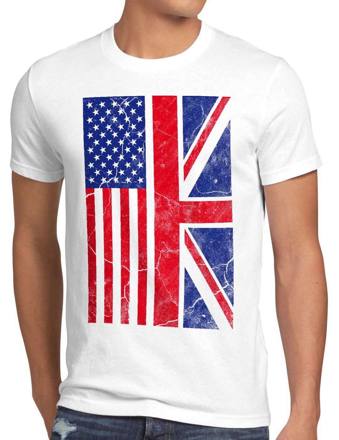 style3 Print-Shirt Herren T-Shirt USA Amerika Union Jack Flagge Flag Stars Stripes brexit England weiß