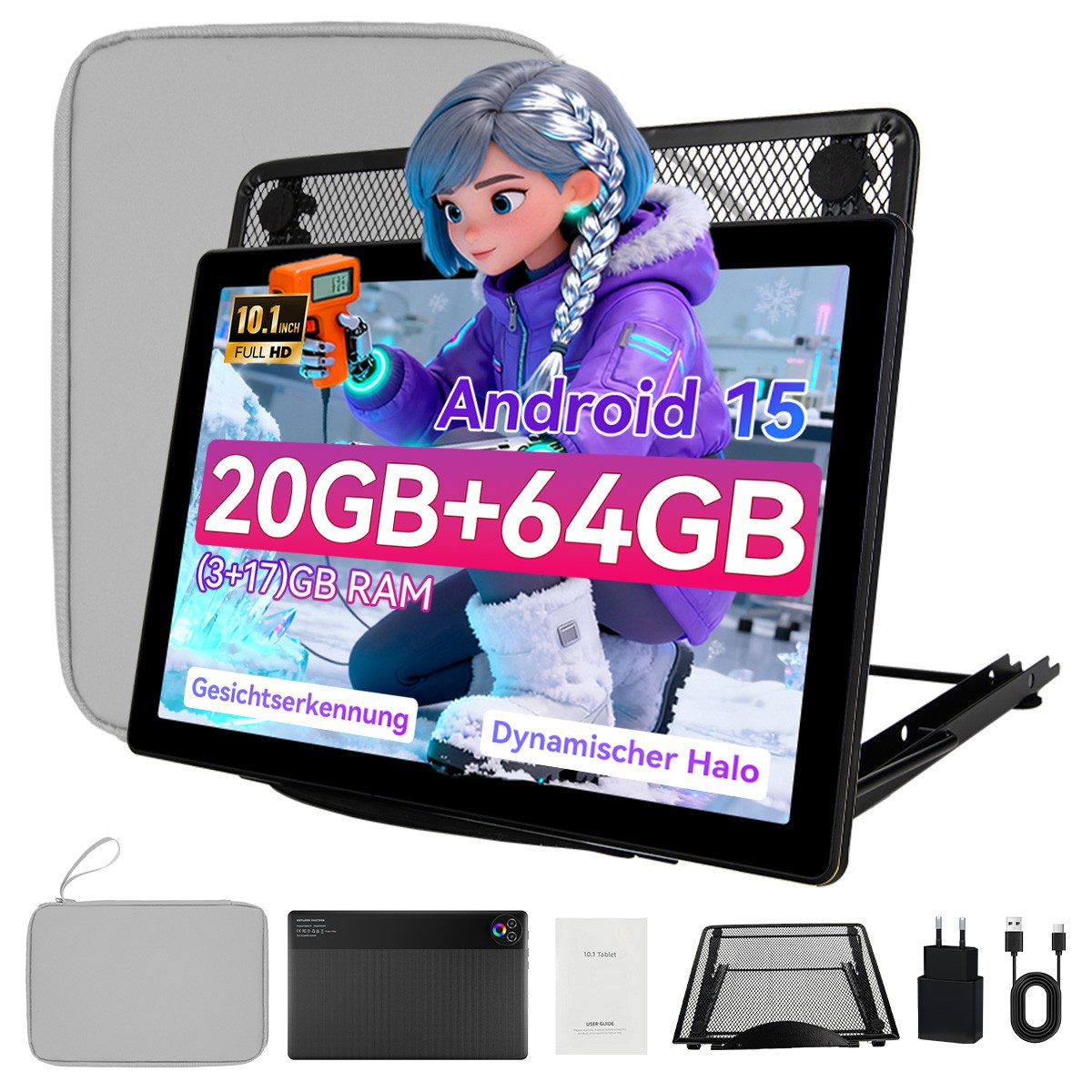 BUFO 10,1 Zoll Android 15 mit 20GB RAM 64GB bis zu 1TB Speicher Dual-Kamera Tablet (10,1", 64 GB, Langer Akkulaufzeit, Split-Screen & kraftvolle Stereo-Lautsprecher)