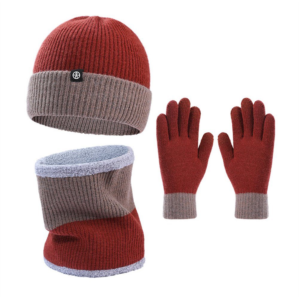 Schal Rouemi Mütze Handschuhe Rot & Dreiteiliges Set Mütze kalte Strickmützen-Set,Warme Schal