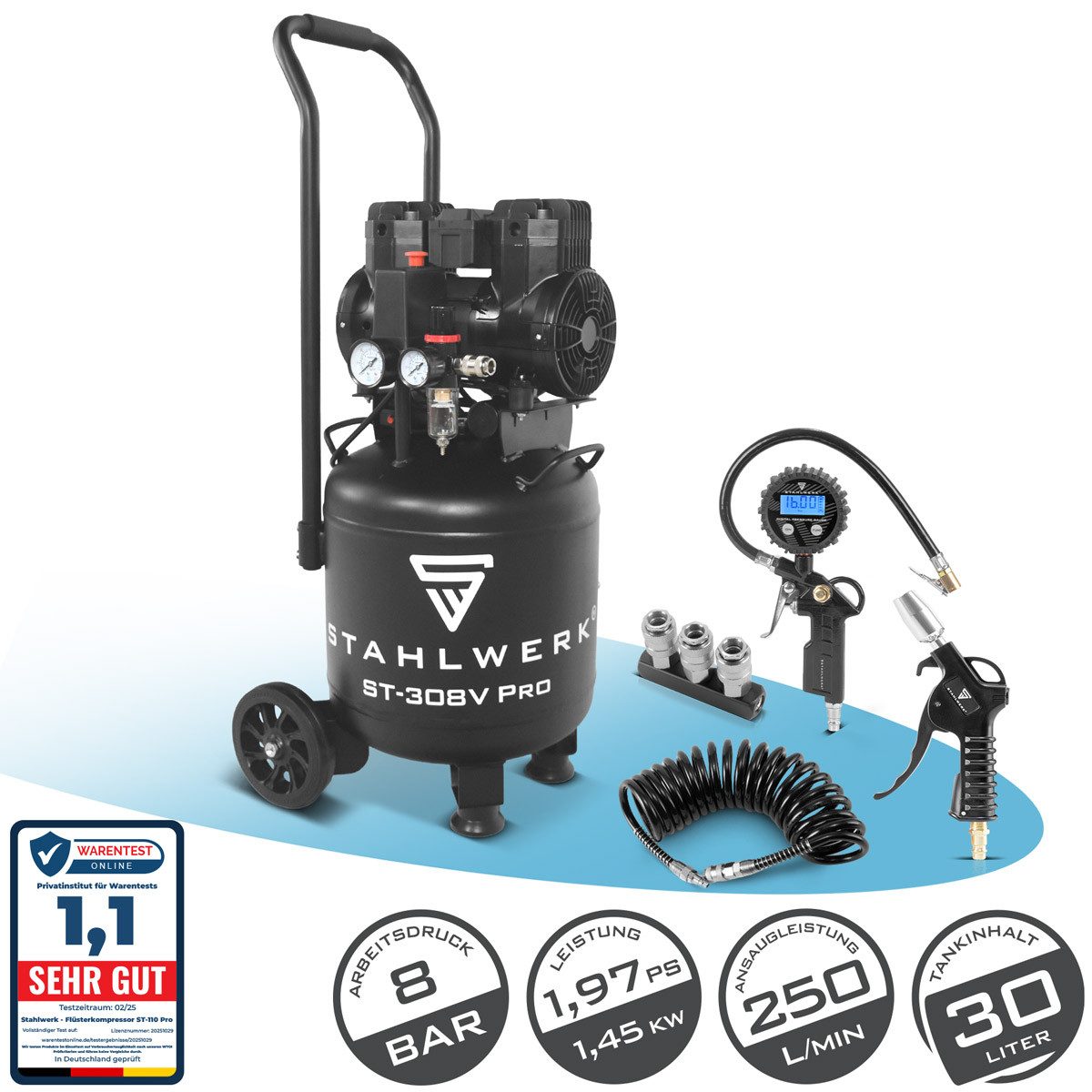 STAHLWERK Kompressor Kompressor 8 bar 30 L im Set Reifenfüller Schlauch Pistole Verteiler, 30 l, 1-tlg.