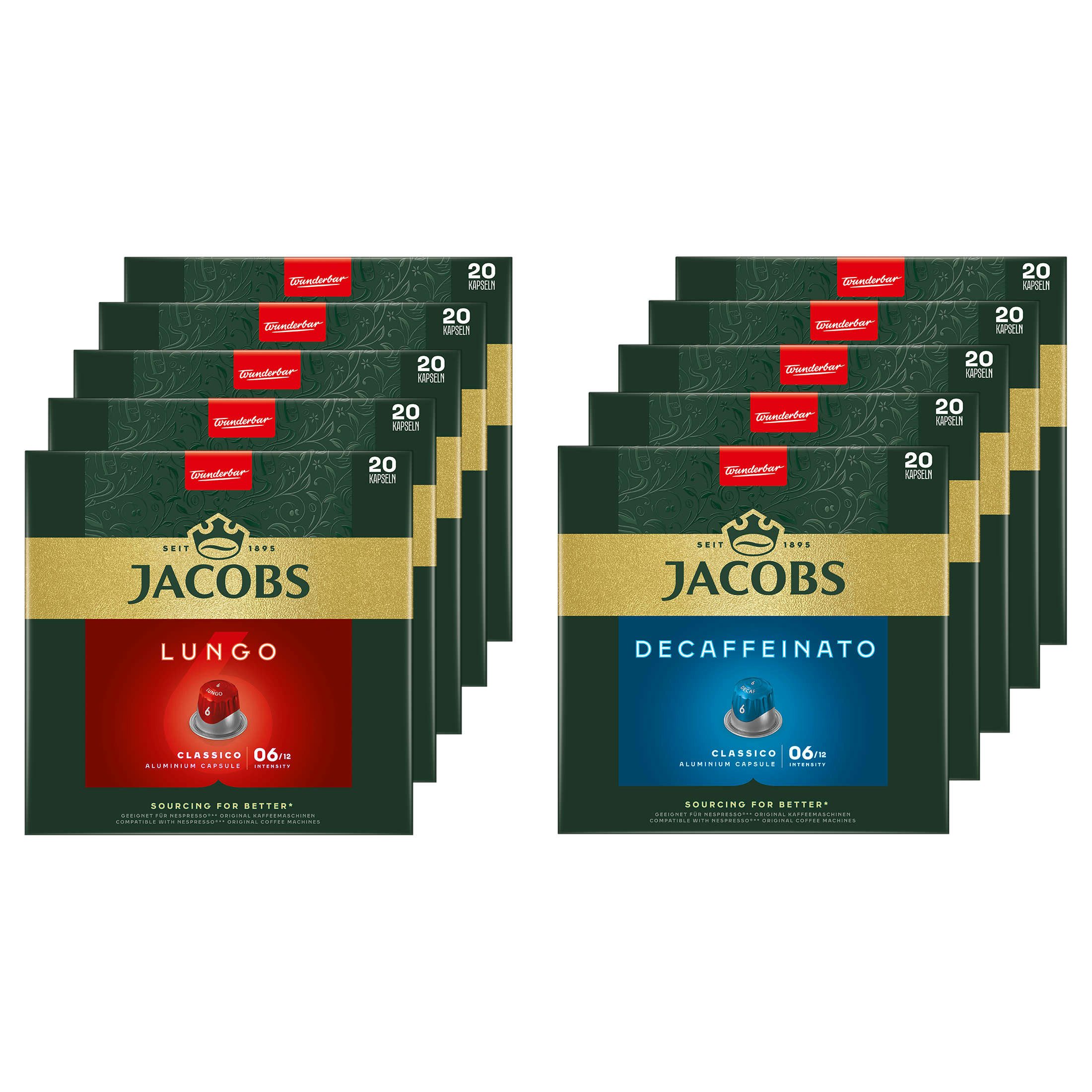 JACOBS Kaffee Kapseln Lungo 6 Classico & Decaffeinato 6 200 Nespresso®* kompatibel, 1040 g, (Packung, 10er Pack)