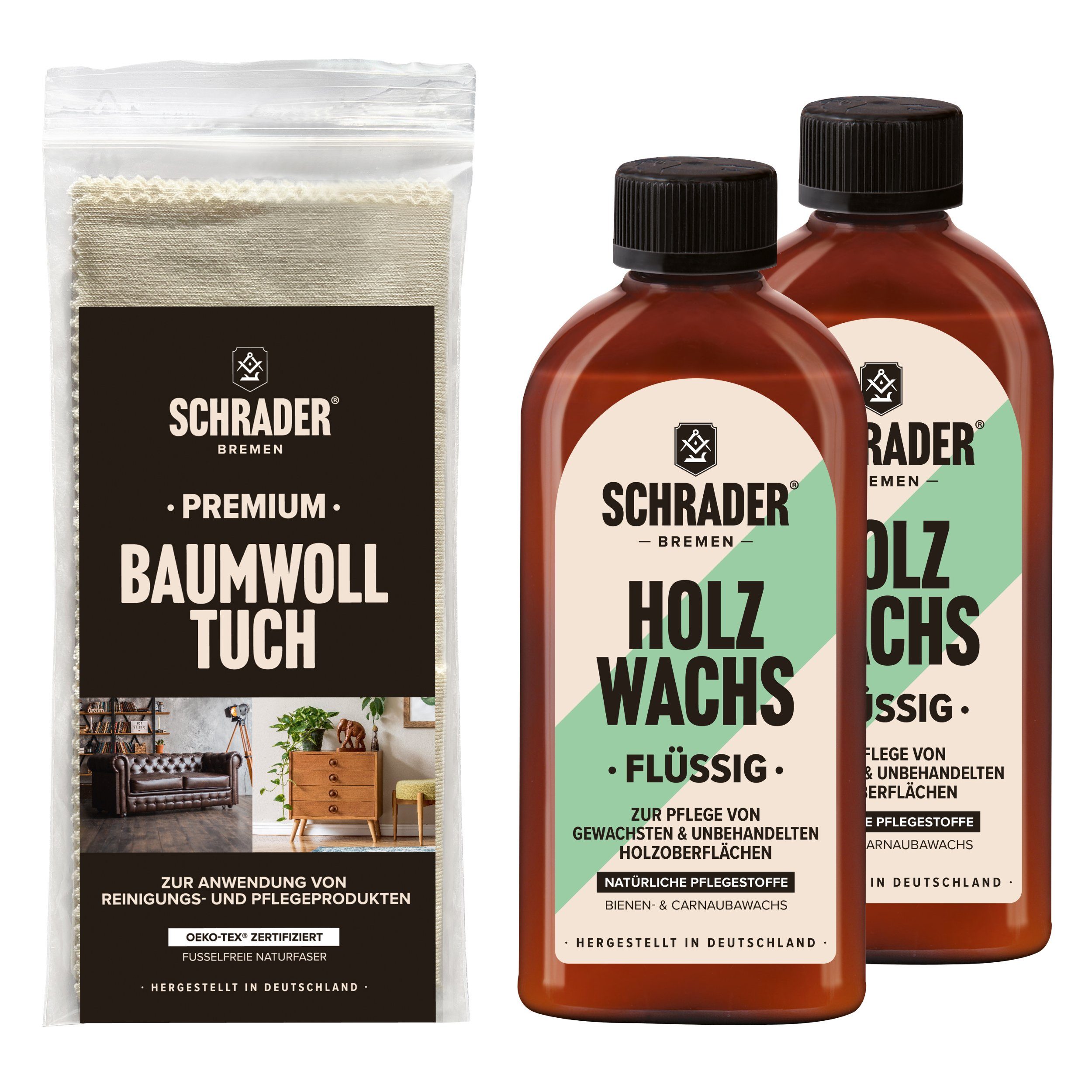 Schrader Hartwachsöl 2x Holz Wachs + Baumwolltuch - dreiteiliges Set, zur Pflege und Versiegelung von Holzmöbeln - Made in Germany