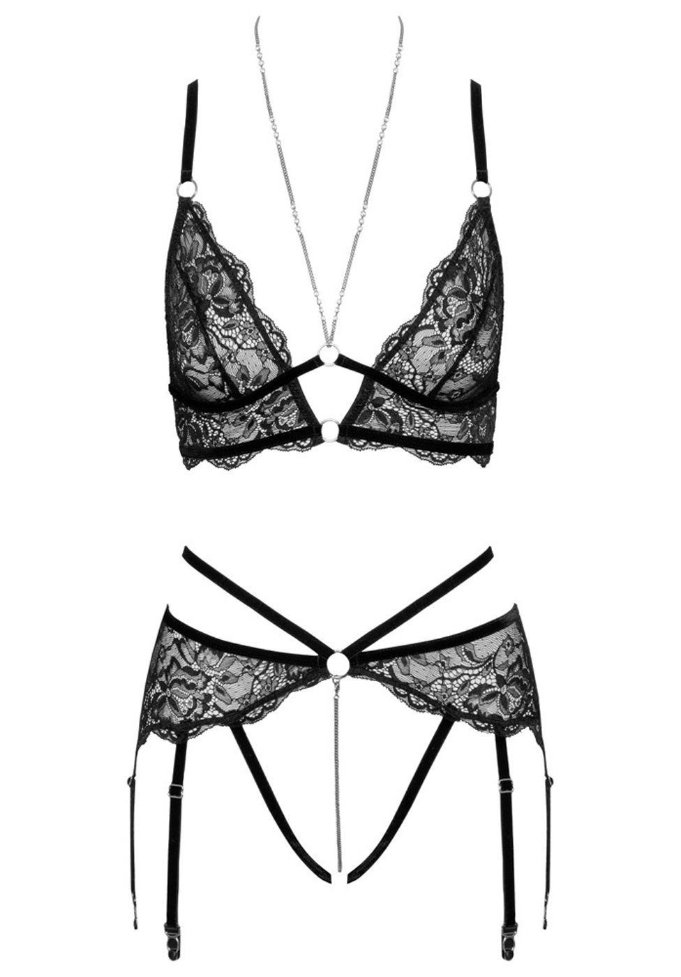 Abierta Fina Set: Bügelloser BH Dessous-Set: BH, String und Strumpfhalter mit Spitze und Ketten (2-tlg) Feine Spitze im lasziven Style!