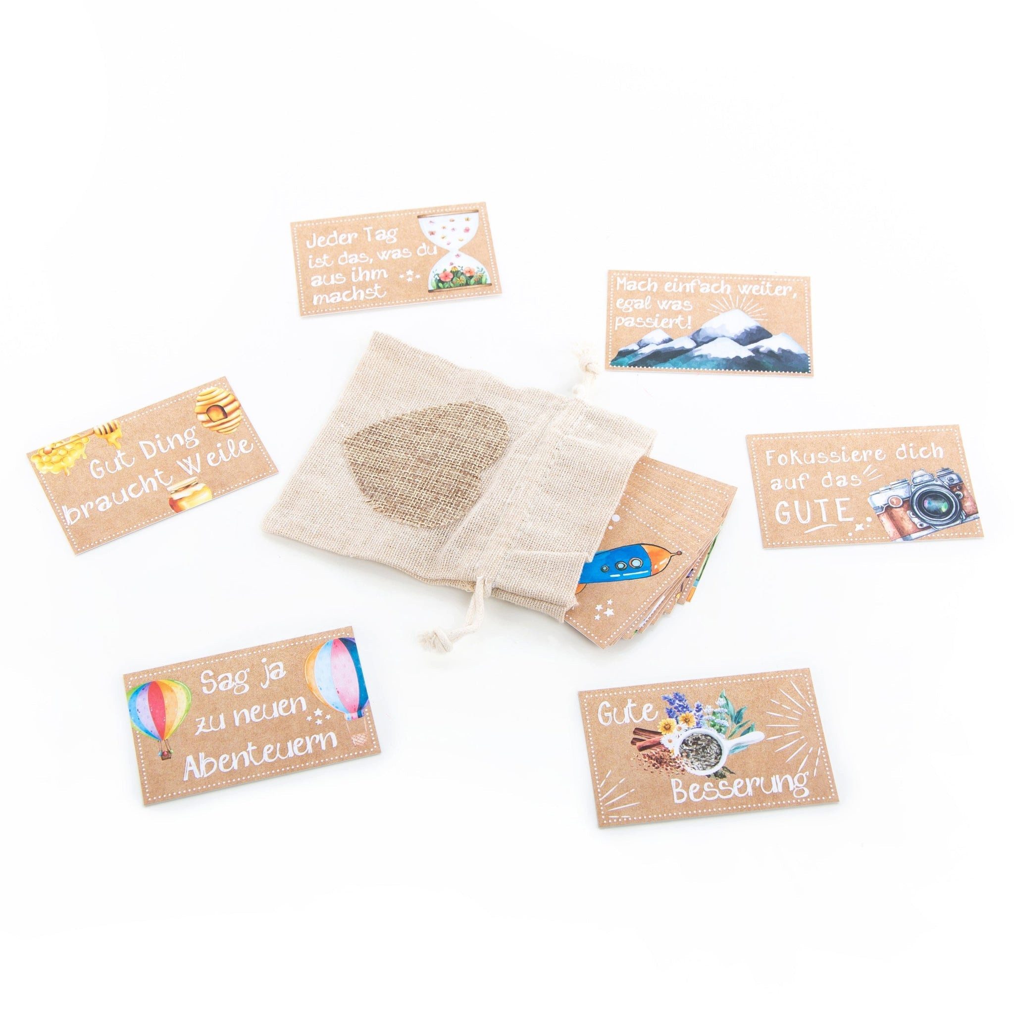 Logbuch-Verlag Dekofigur 24 kleine Sprüche Karten Motivationskarten braun bunt 8,5 x 5,5 cm