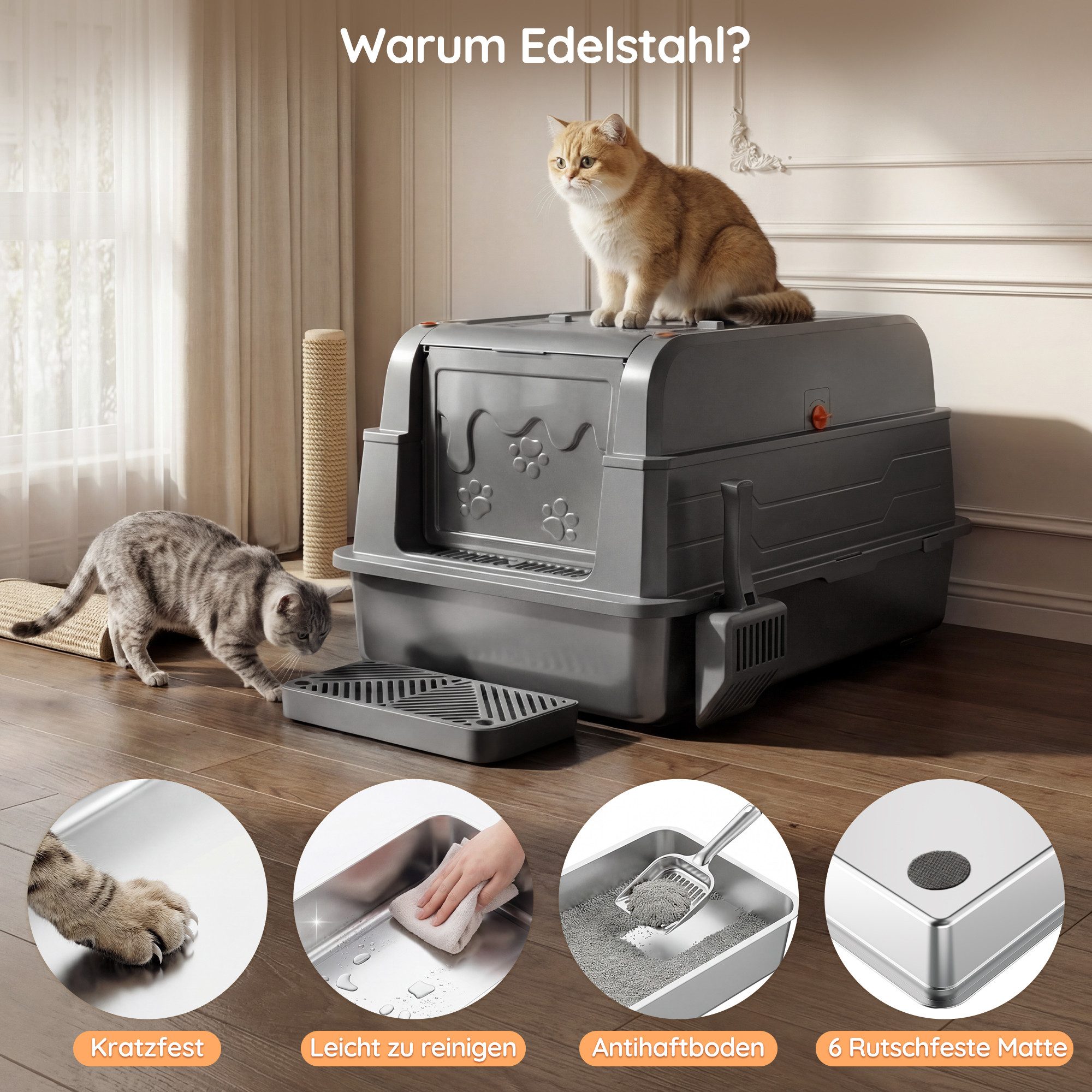 HOMALL Katzentoilette XXXL Katzenklo edelstahl,120L Großkapazität,70cm*50cm, Geruchsdicht & Auslaufsicher,Für Mehrkatzenhaushalte