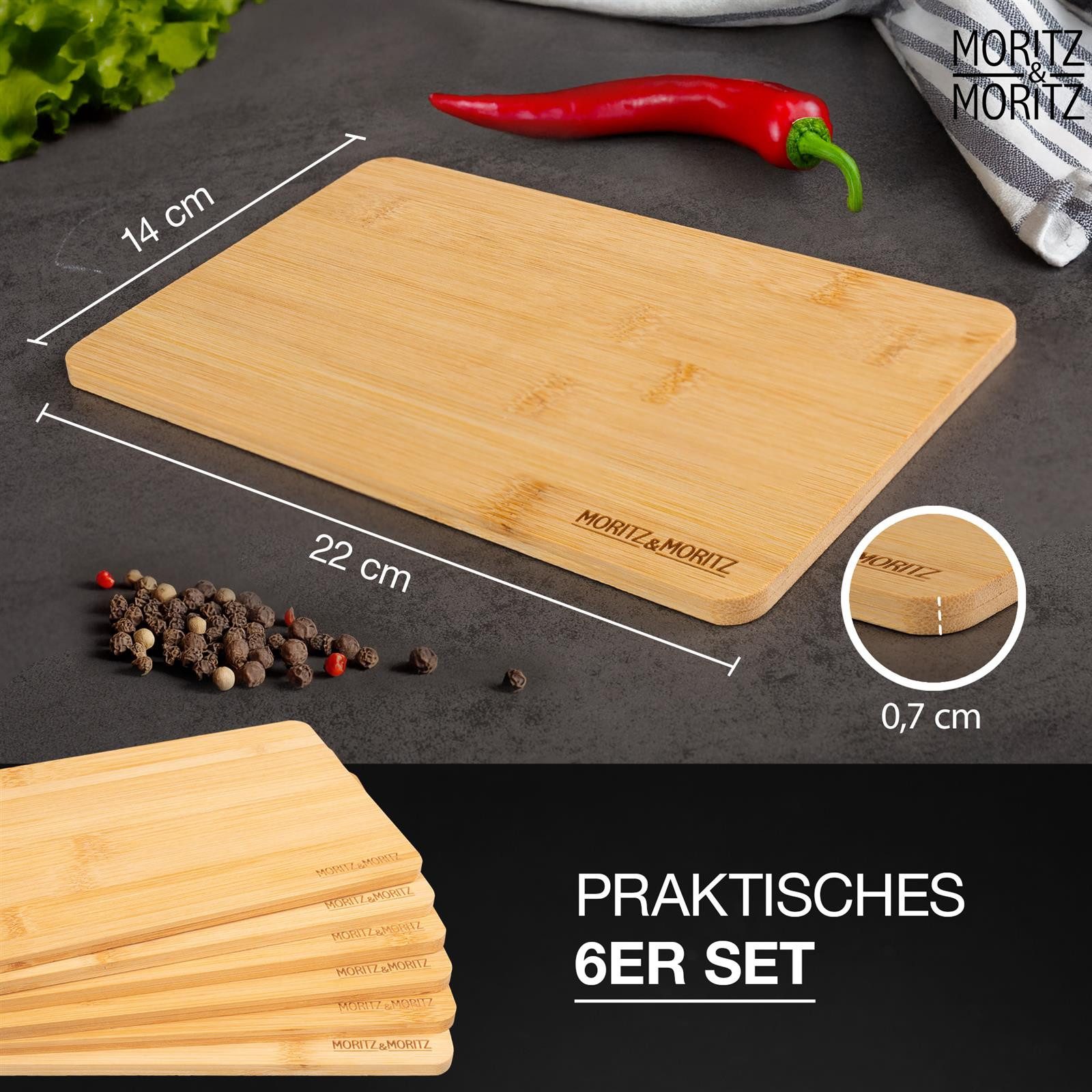 Moritz & Moritz Schneidebrett Bambus Schneidebretter 22x14 cm, Bambus, (6er Set, 6-St), 6 Größen