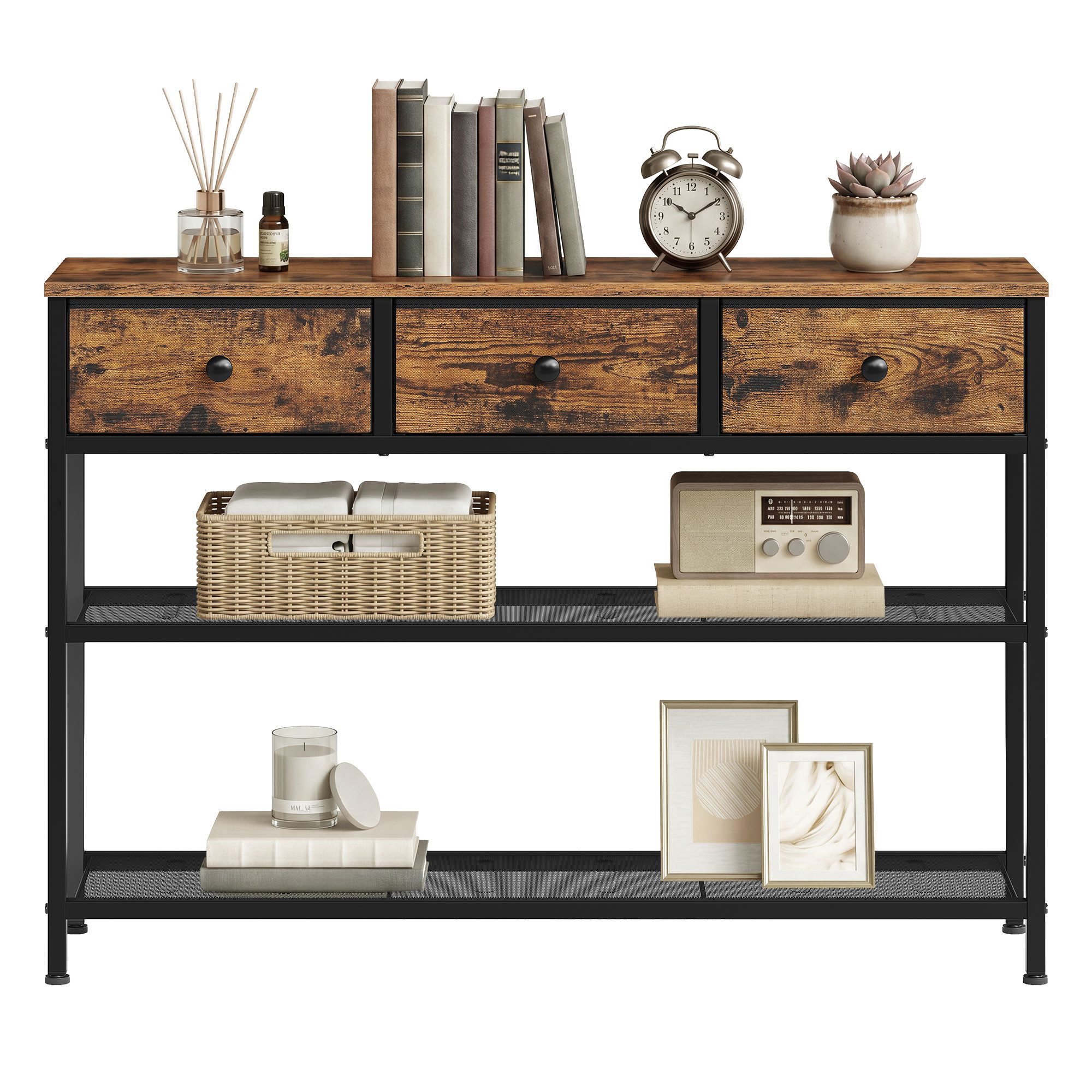 SONGMICS Konsolentisch Beistelltisch mit 2 Gitterablagen, Wohnzimmer, Eingangsbereich, Flur, mit 3 Stoffschubladen, schmaler Flurtisch, 30 x 98,8 x 78,7 cm