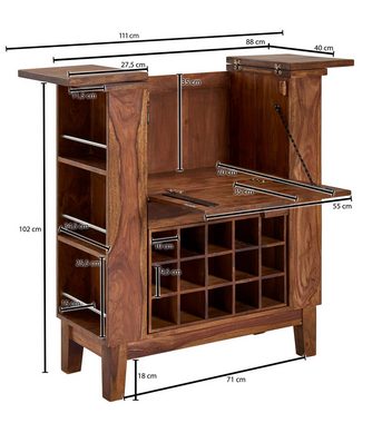 FINEBUY Barschrank FB71504 (Sheesham Massivholz 88x102x40 cm, Hausbar mit Tür) Weinbar Ausklappbar, Barschrank, Kleine Bar Buffet