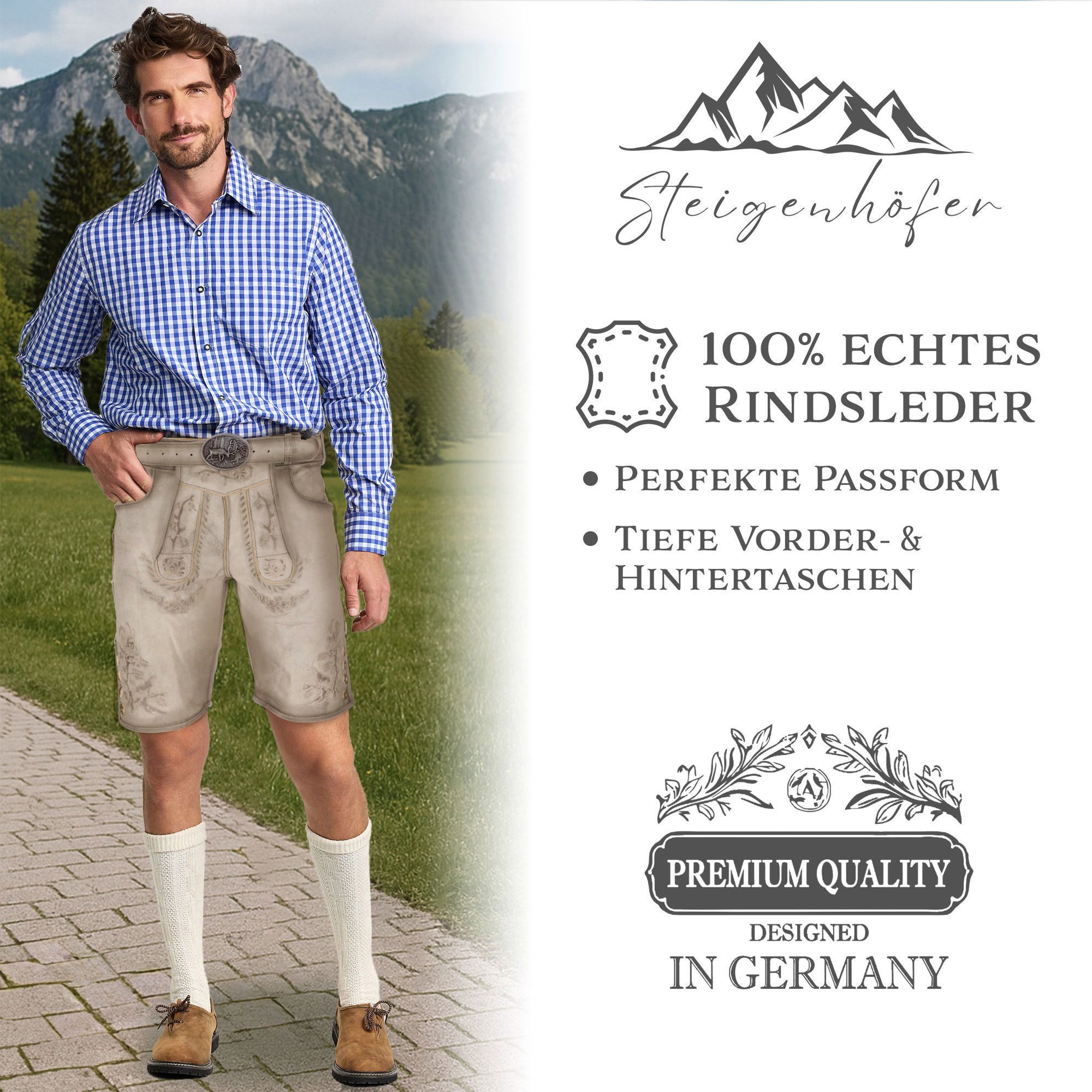Steigenhöfer Manufaktur Trachtenlederhose FRANZ Vintage Trachtenhose mit Gürtel Nubukleder - Ideal für Dein Oktoberfest Herren Outfit