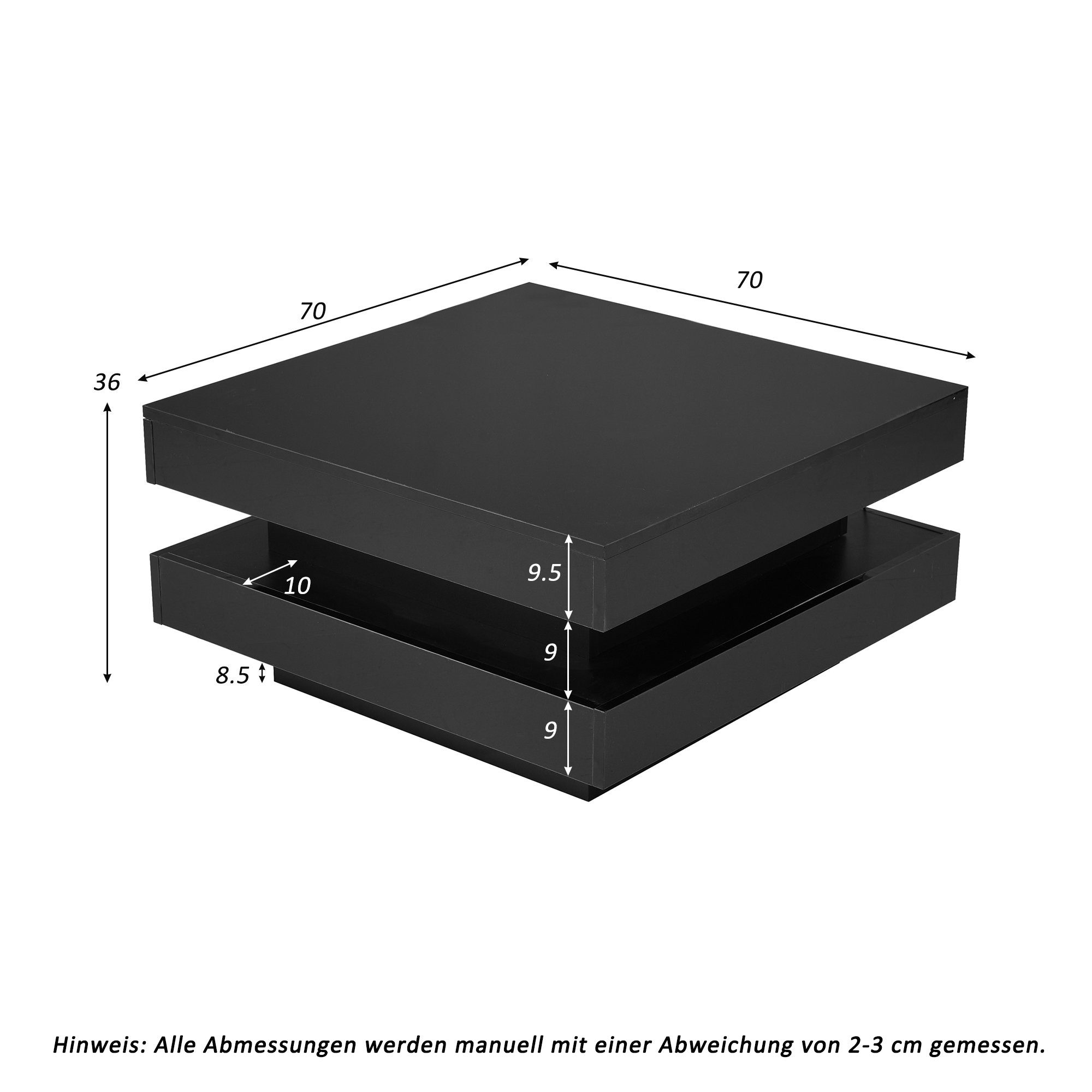 OKWISH Couchtisch (Quadratischer Couchtisch hochglanzige Tisch - 100cm), Stil, 70x70x36 Sofa 16-farbiger cm moderner technologischer mit 2-IN-1-TISCH LED-Beleuchtung, in großer Teetisch Schwarz