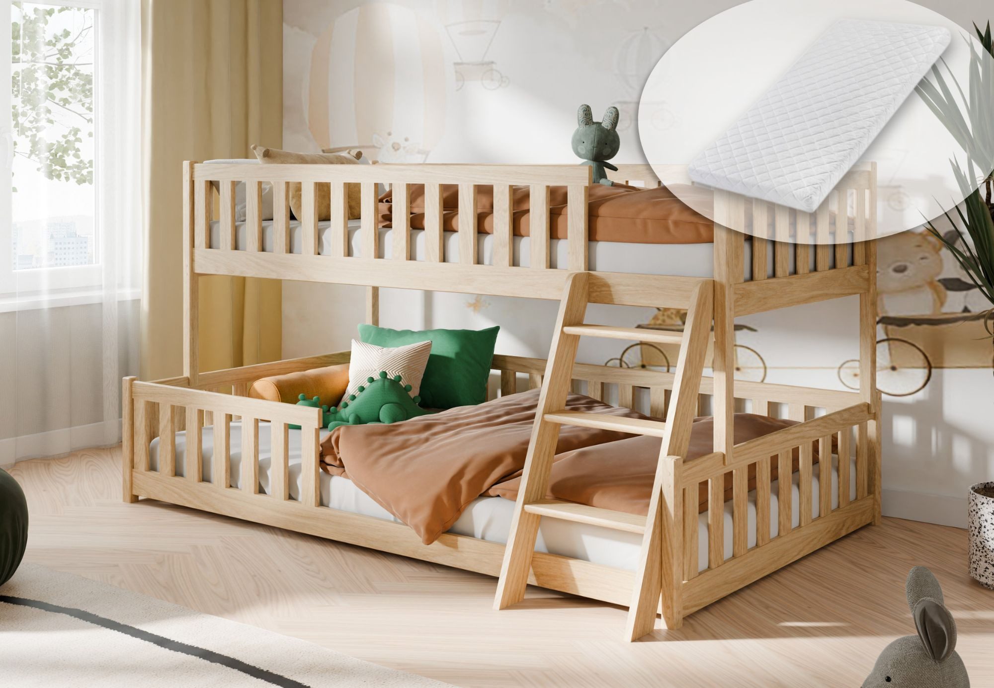 Kids Collective Etagenbett Hochbett Kinderbett 90x200/120x200 cm Rausfallschutz & Lattenrost, Mit zwei Matratzen und Leiter, massives Kiefernholz, Natur
